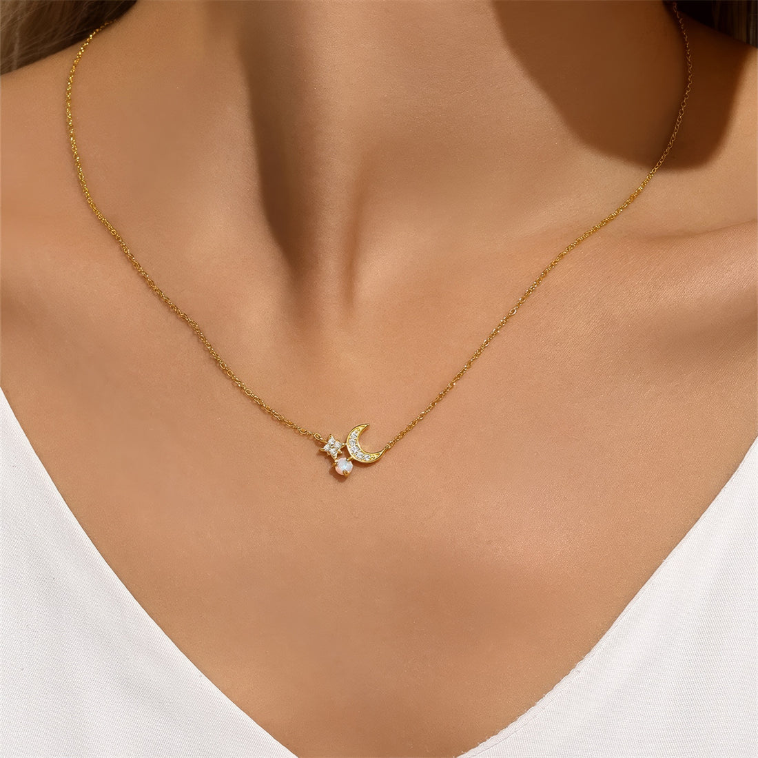 crescent moon and star adorned with zirconia crystals and white opal pendant chain sterling silver necklace