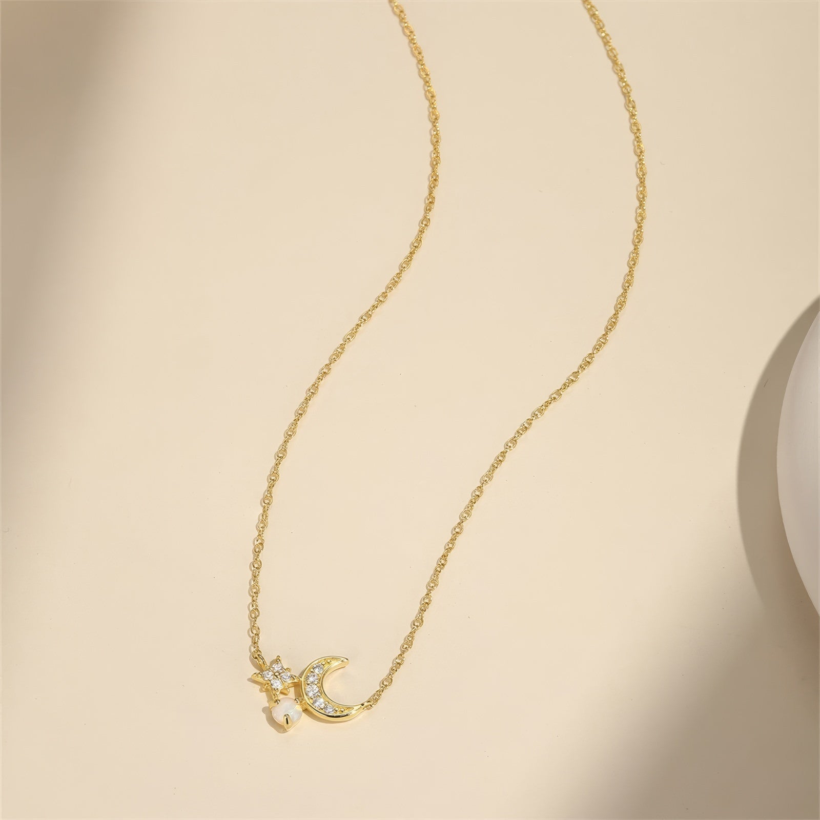 crescent moon and star adorned with zirconia crystals and white opal pendant chain sterling silver necklace