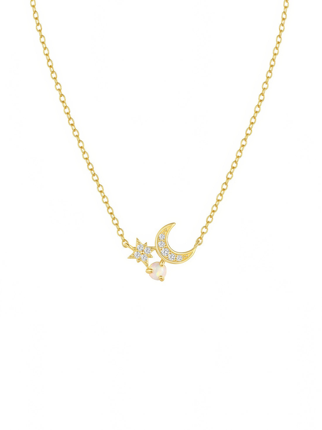 crescent moon and star adorned with zirconia crystals and white opal pendant chain sterling silver necklace