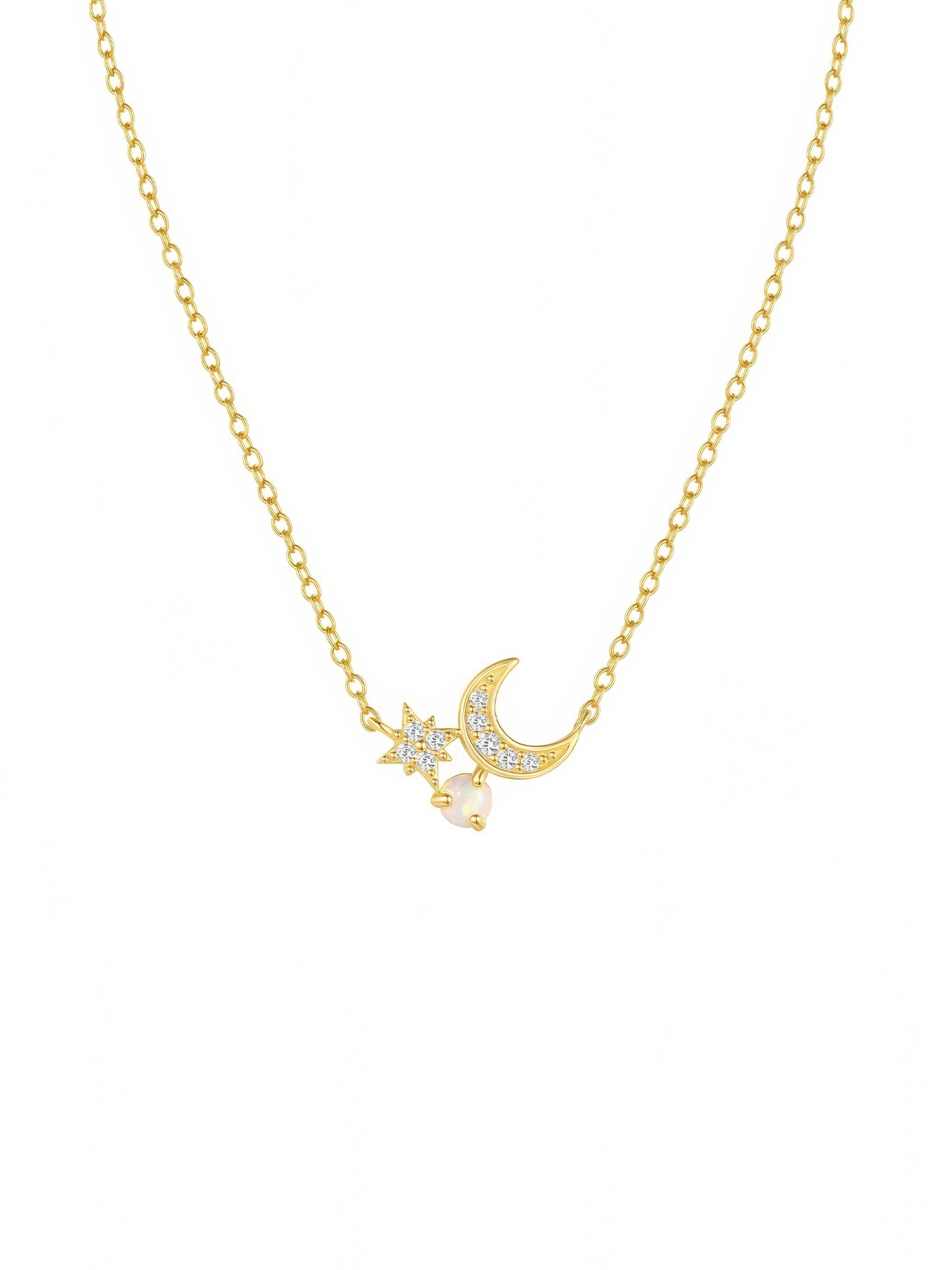 crescent moon and star adorned with zirconia crystals and white opal pendant chain sterling silver necklace