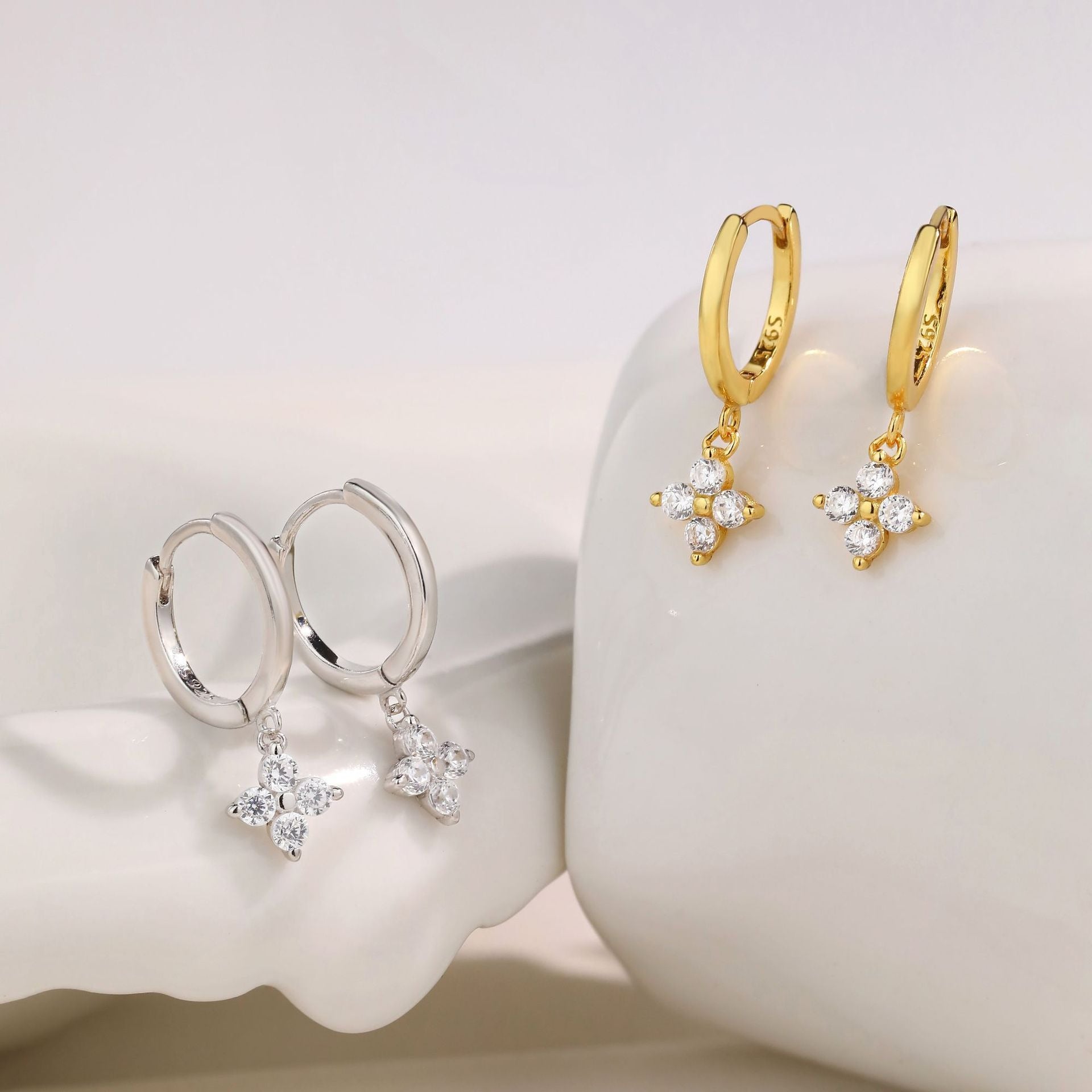 four leaf clover flower crystal pendant earrings in gold plated sterling silver