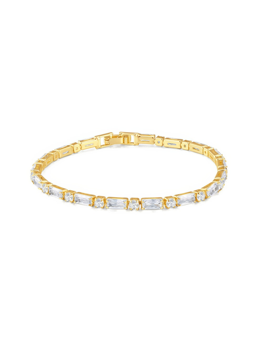 Gold tennis bracelet with alternating baguette and round zircon stones, 18K gold plated on copper, 3.5mm wide and 17cm long.