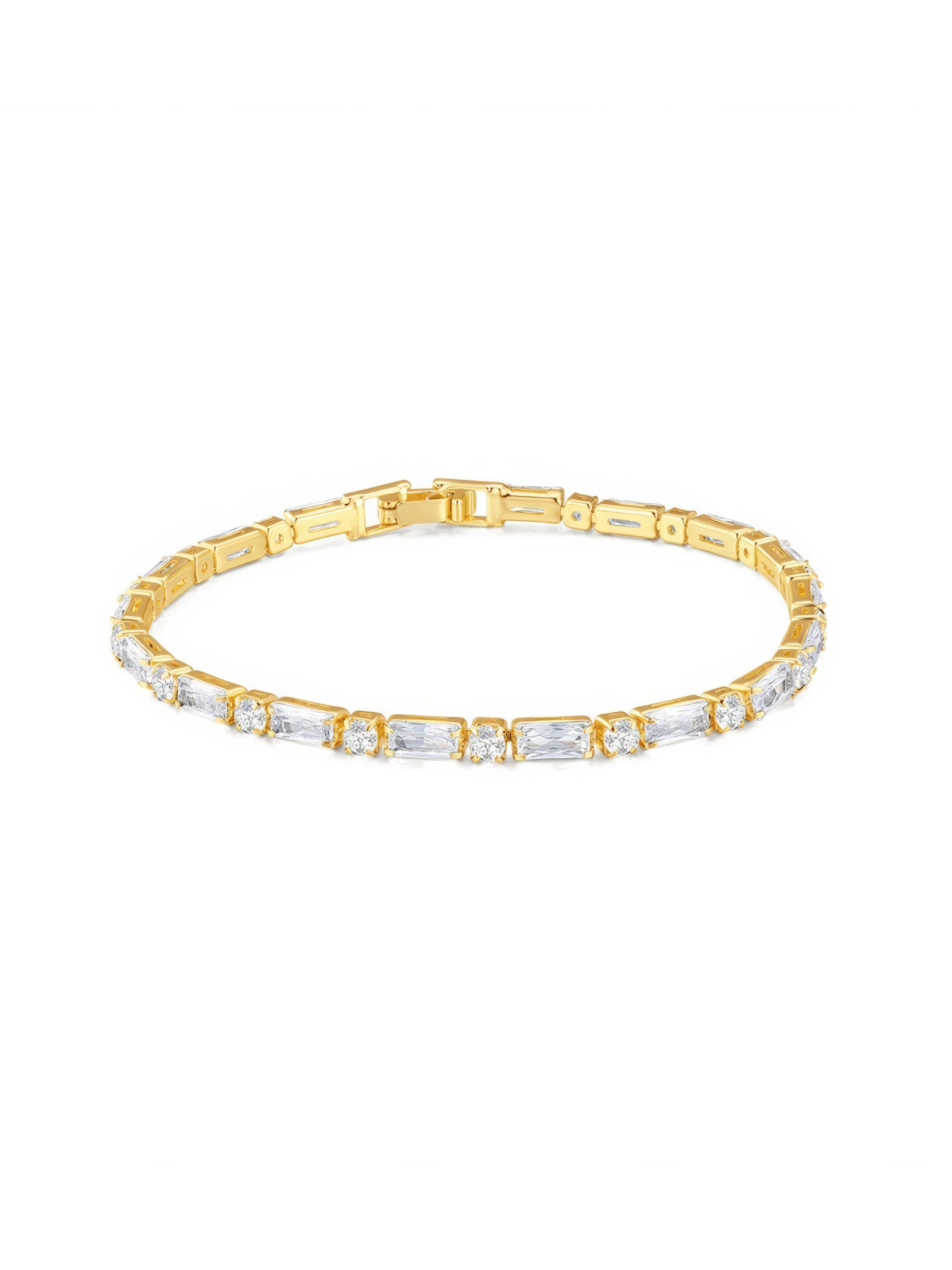 Gold tennis bracelet with alternating baguette and round zircon stones, 18K gold plated on copper, 3.5mm wide and 17cm long.