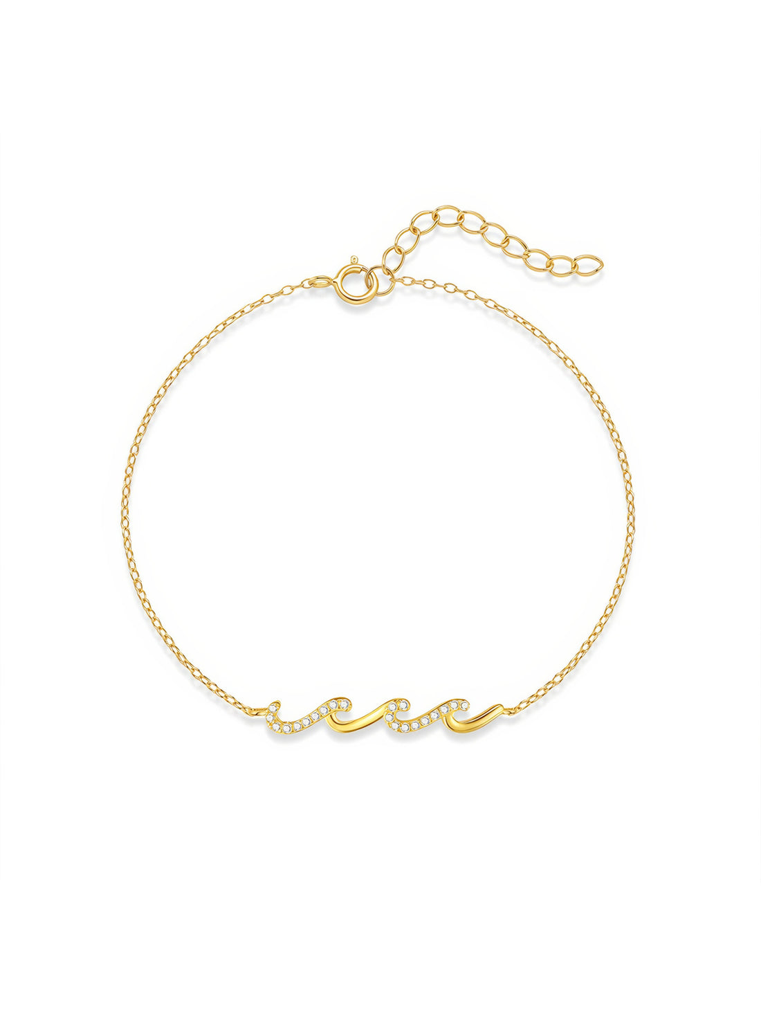 Gold bracelet with wave-shaped zircon design centerpiece on a sterling silver chain, finished with 18K gold plating.