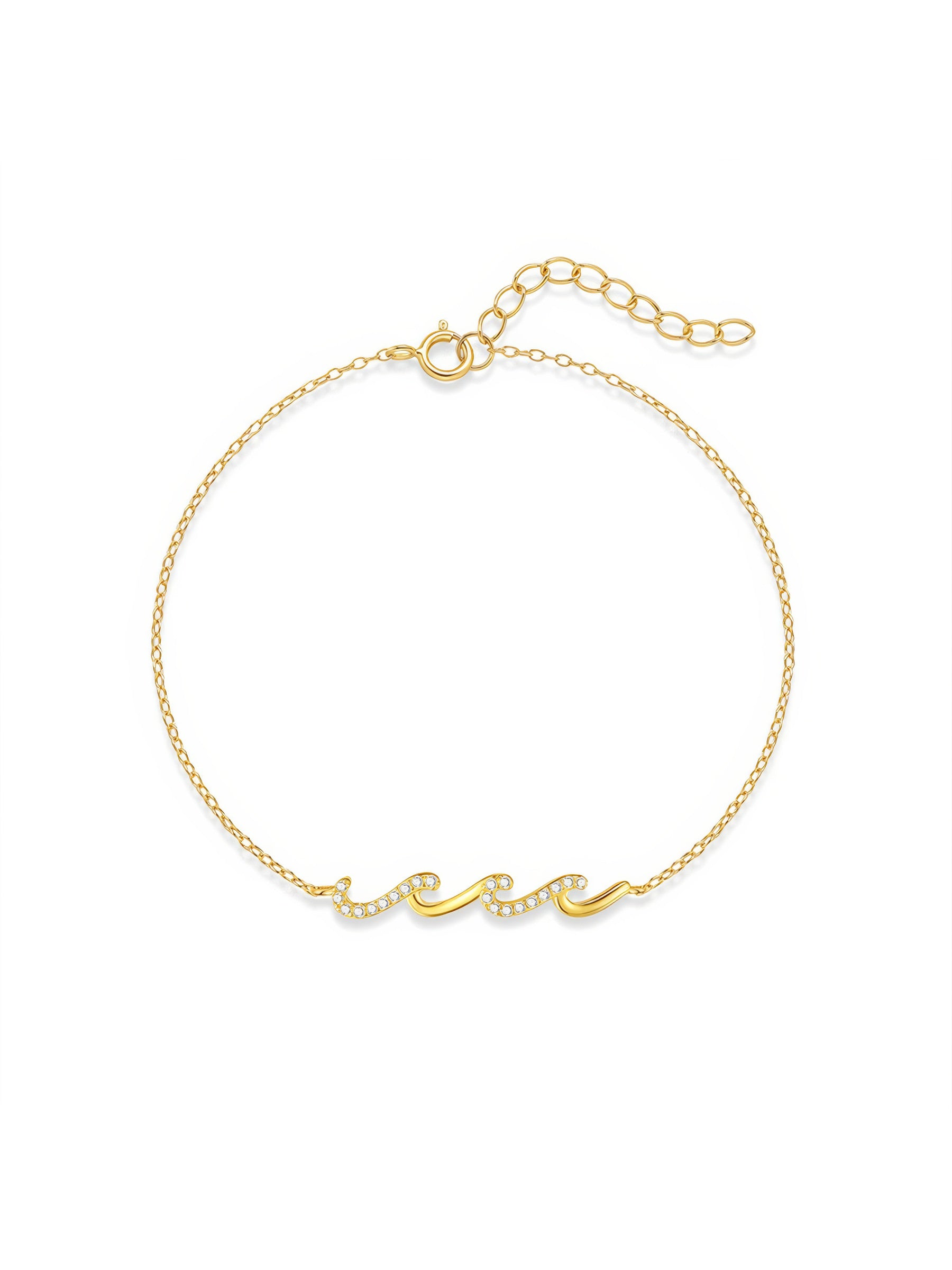 Gold bracelet with wave-shaped zircon design centerpiece on a sterling silver chain, finished with 18K gold plating.