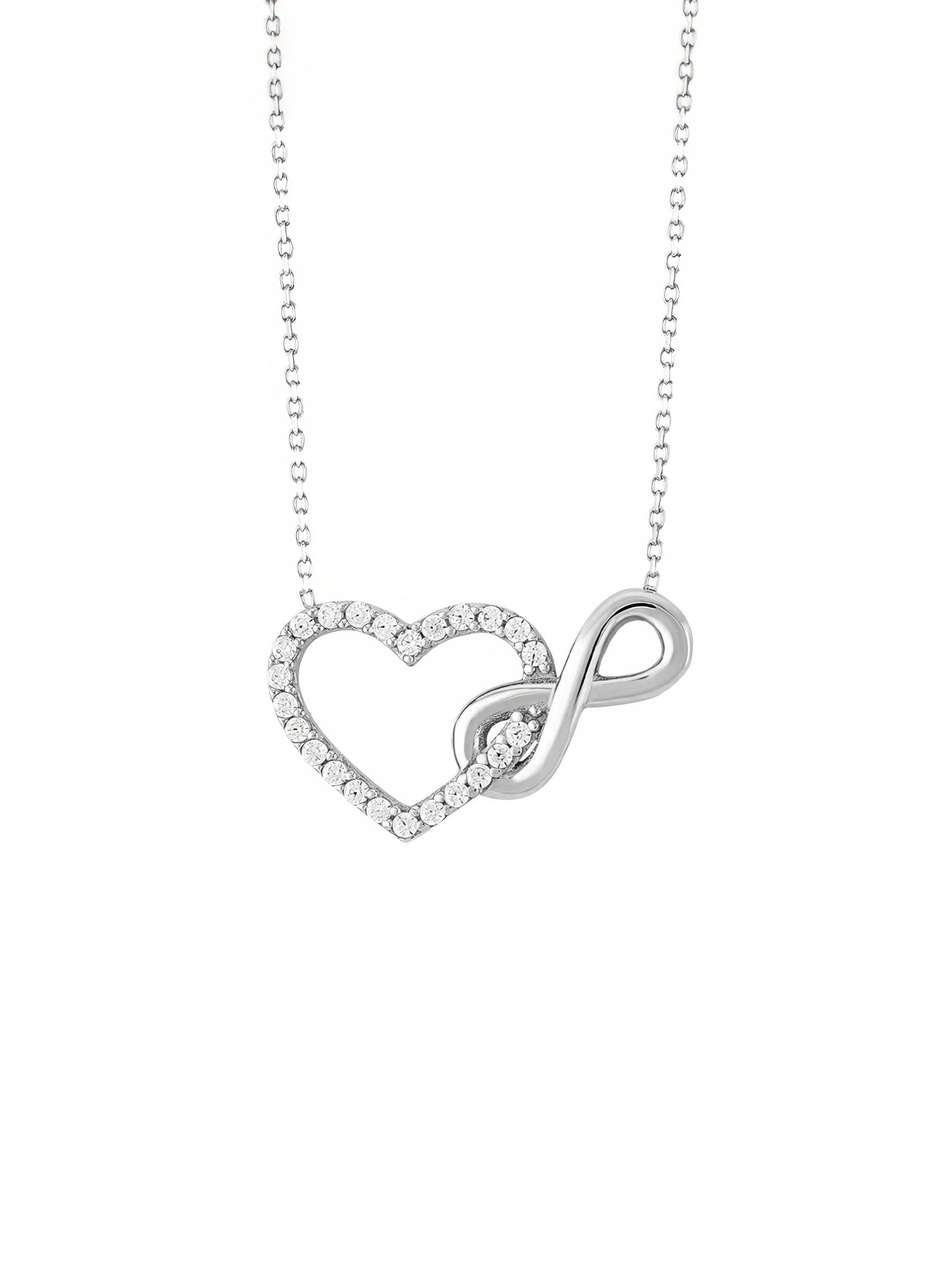 silver infinity heart adorned with crystals and polished infinity sign pendant necklace