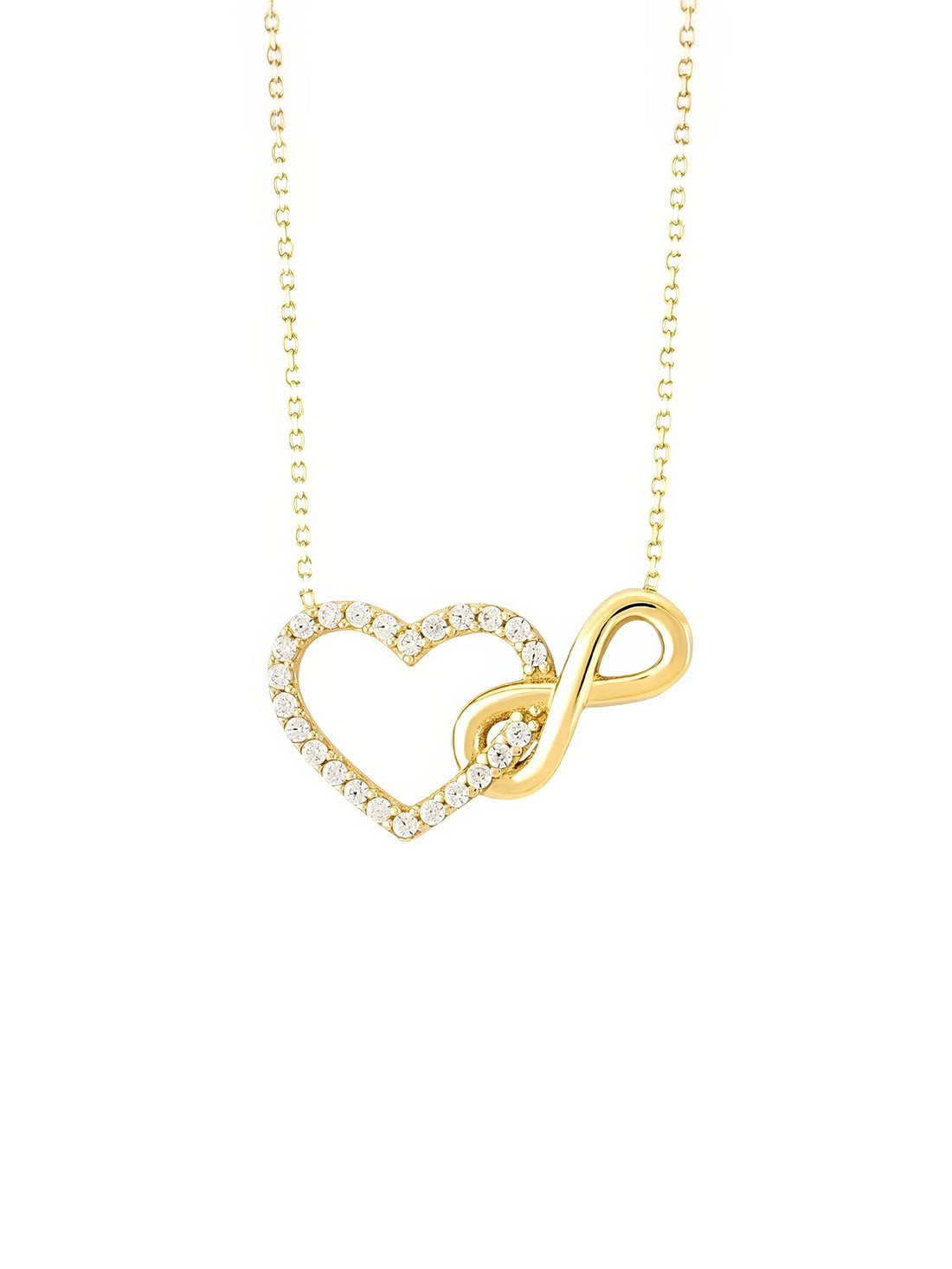 gold infinity heart necklace with crystals and polished infinity sign