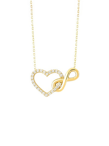 gold infinity heart necklace with crystals and polished infinity sign