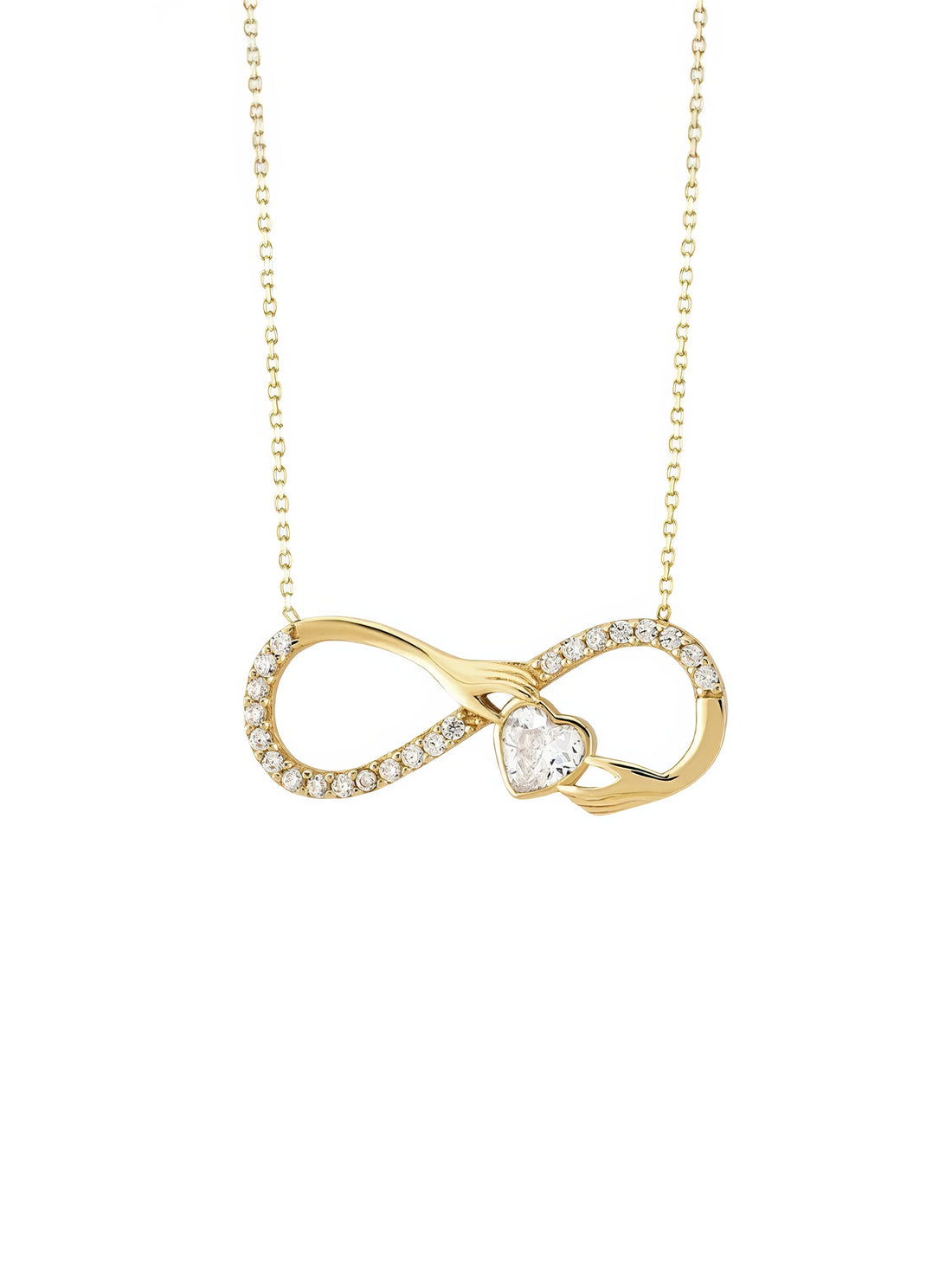 infinity knot necklace hands holding crystal heart