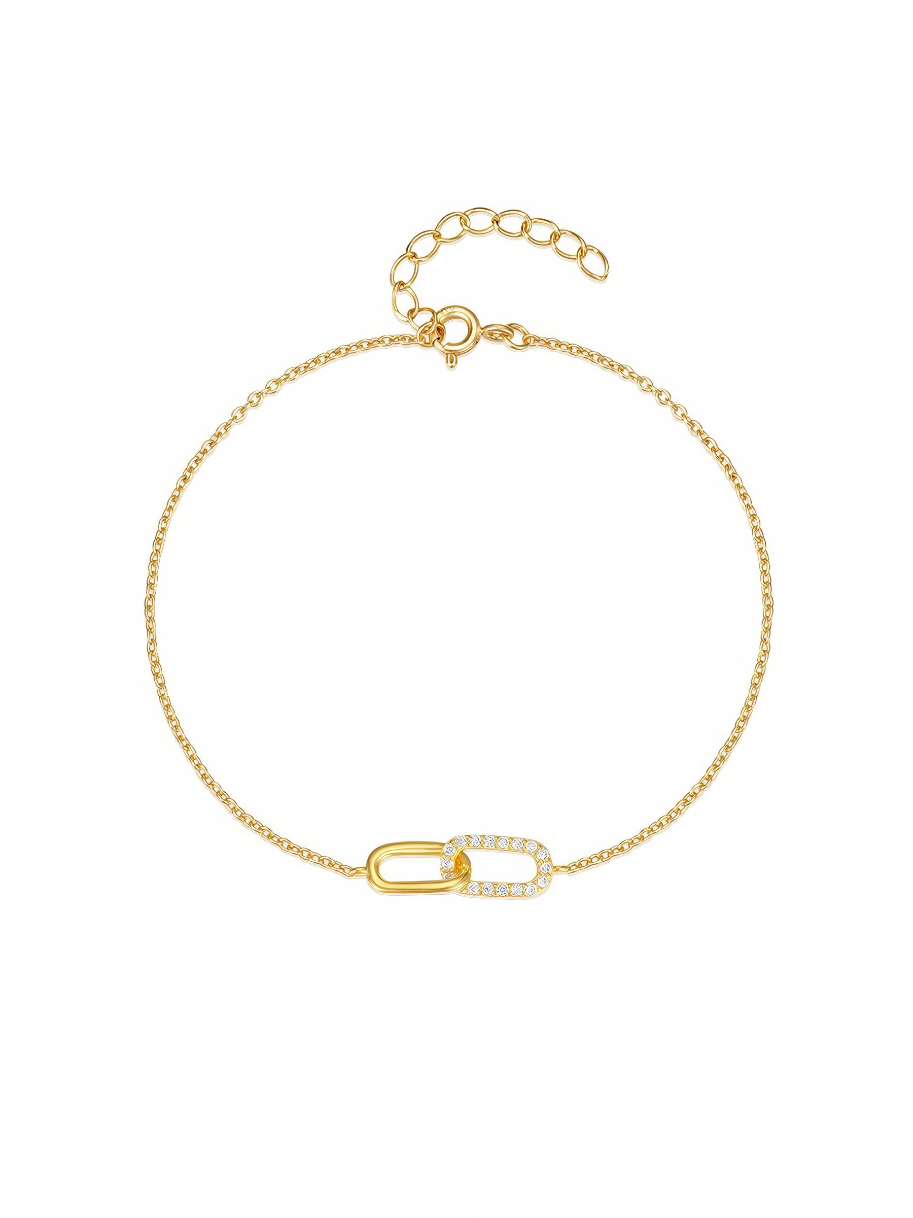 Interlocking zirconia link bracelet in 925 sterling silver with two oval charms—one pavé zirconia—adjustable chain, available in gold & silver plating