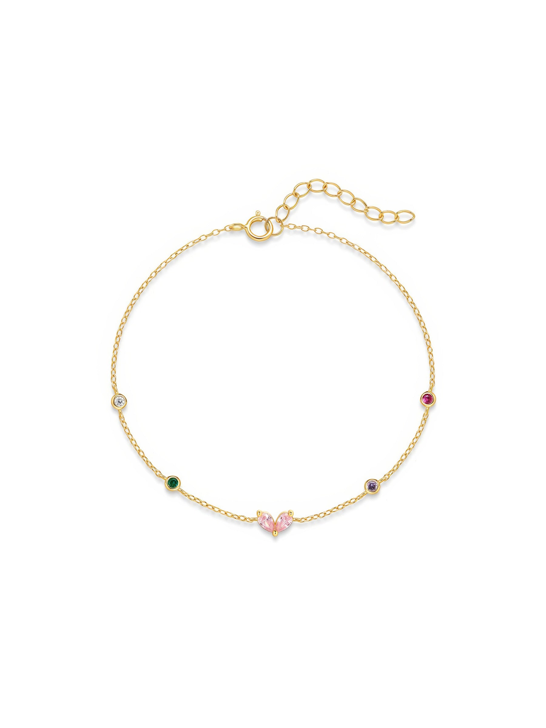 Gold-plated bracelet with pink heart-shaped zircon and multicolor zircon stones on a sterling silver chain.