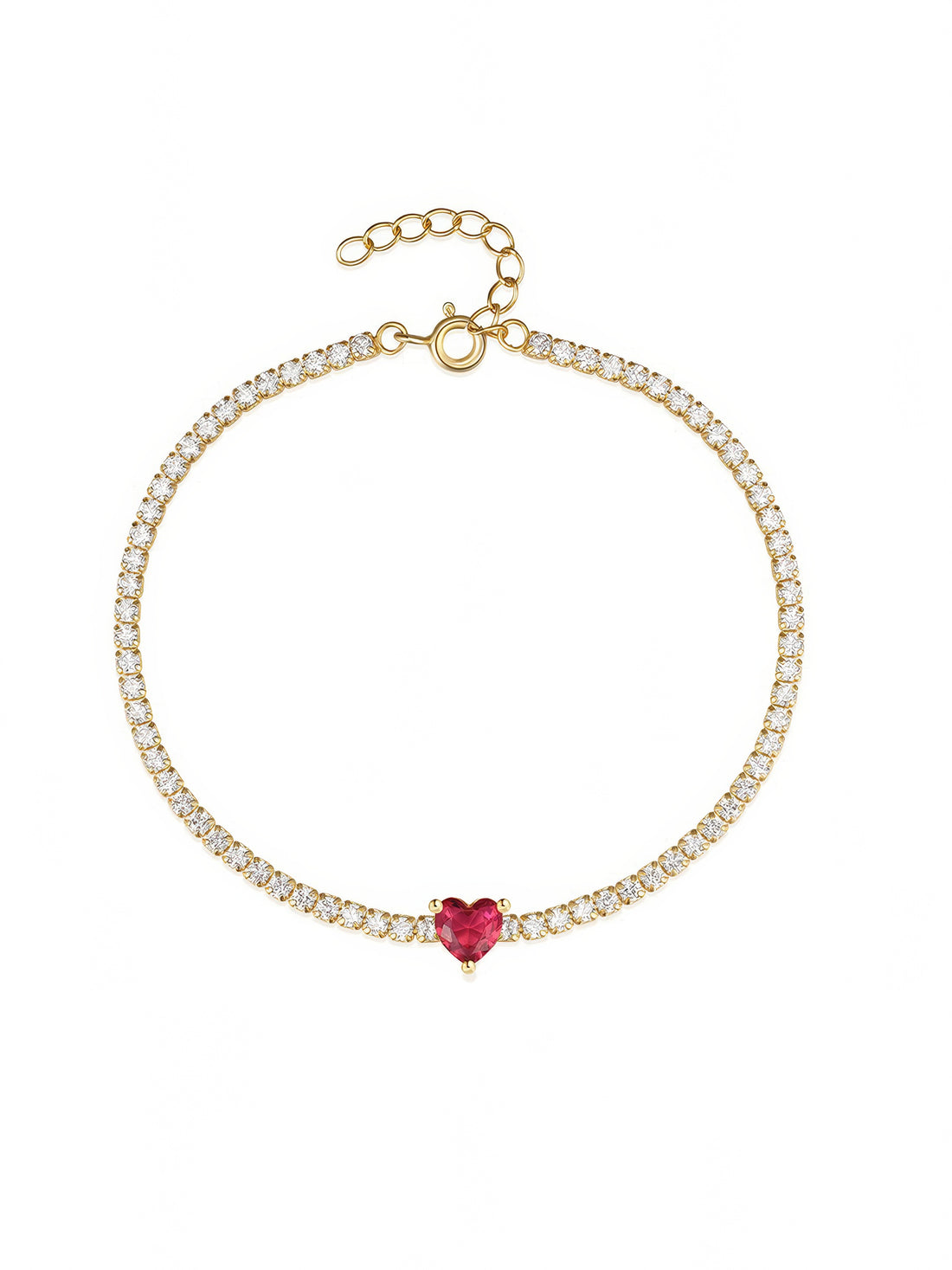 gold plated tennis bracelet with red heart-shaped crystal in the middle