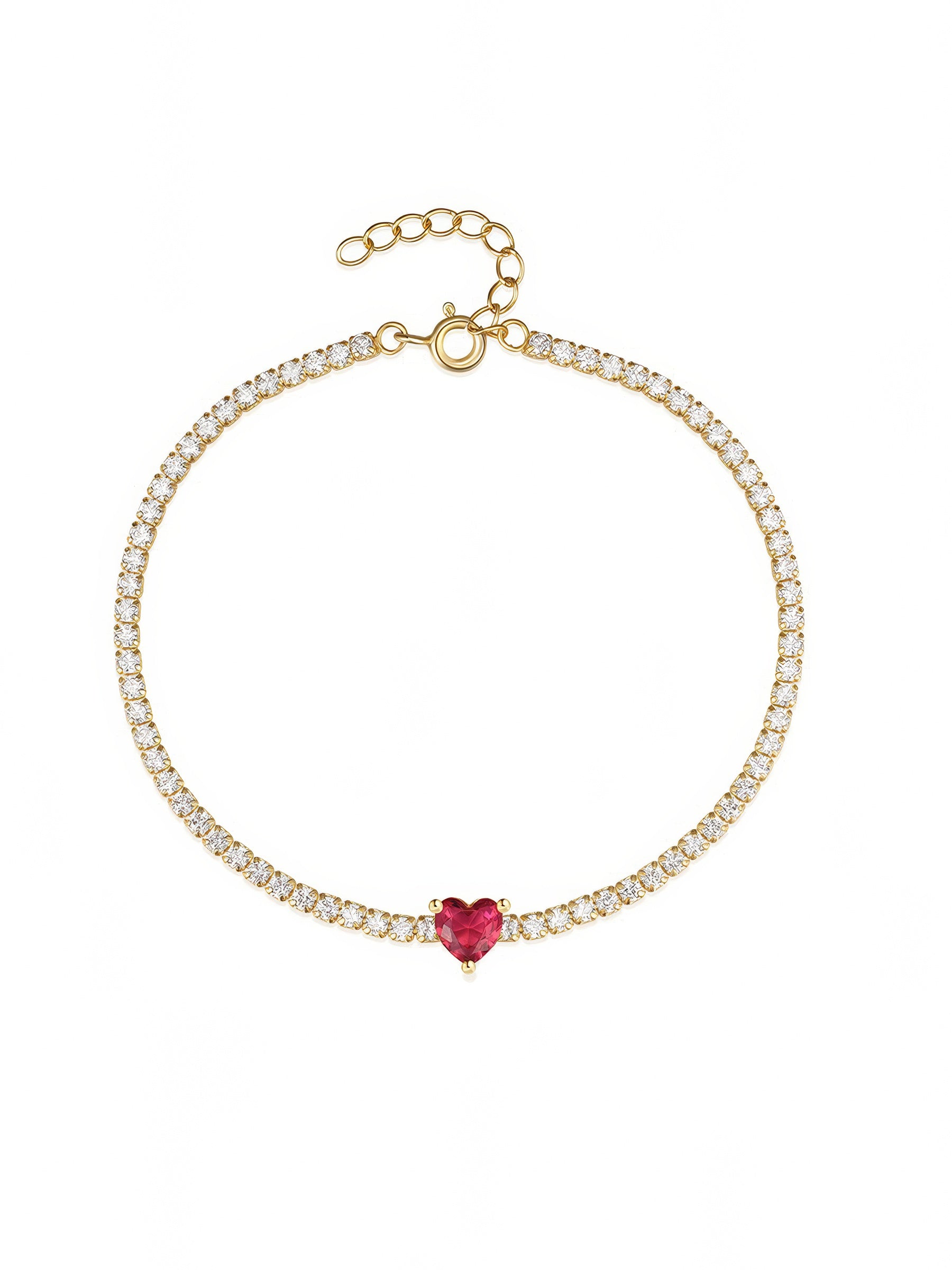 gold plated tennis bracelet with red heart-shaped crystal in the middle
