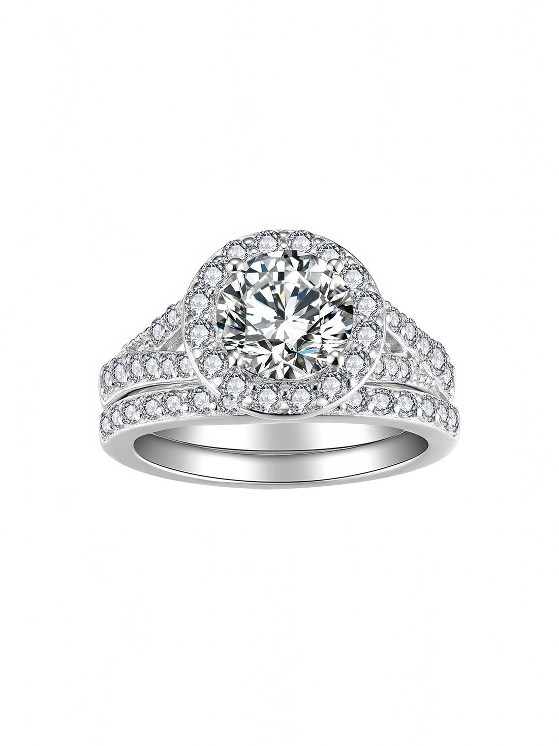 Sterling silver bridal ring set with round-cut moissanite center stone and halo, featuring a pavé split band and matching wedding band with moissanite stones