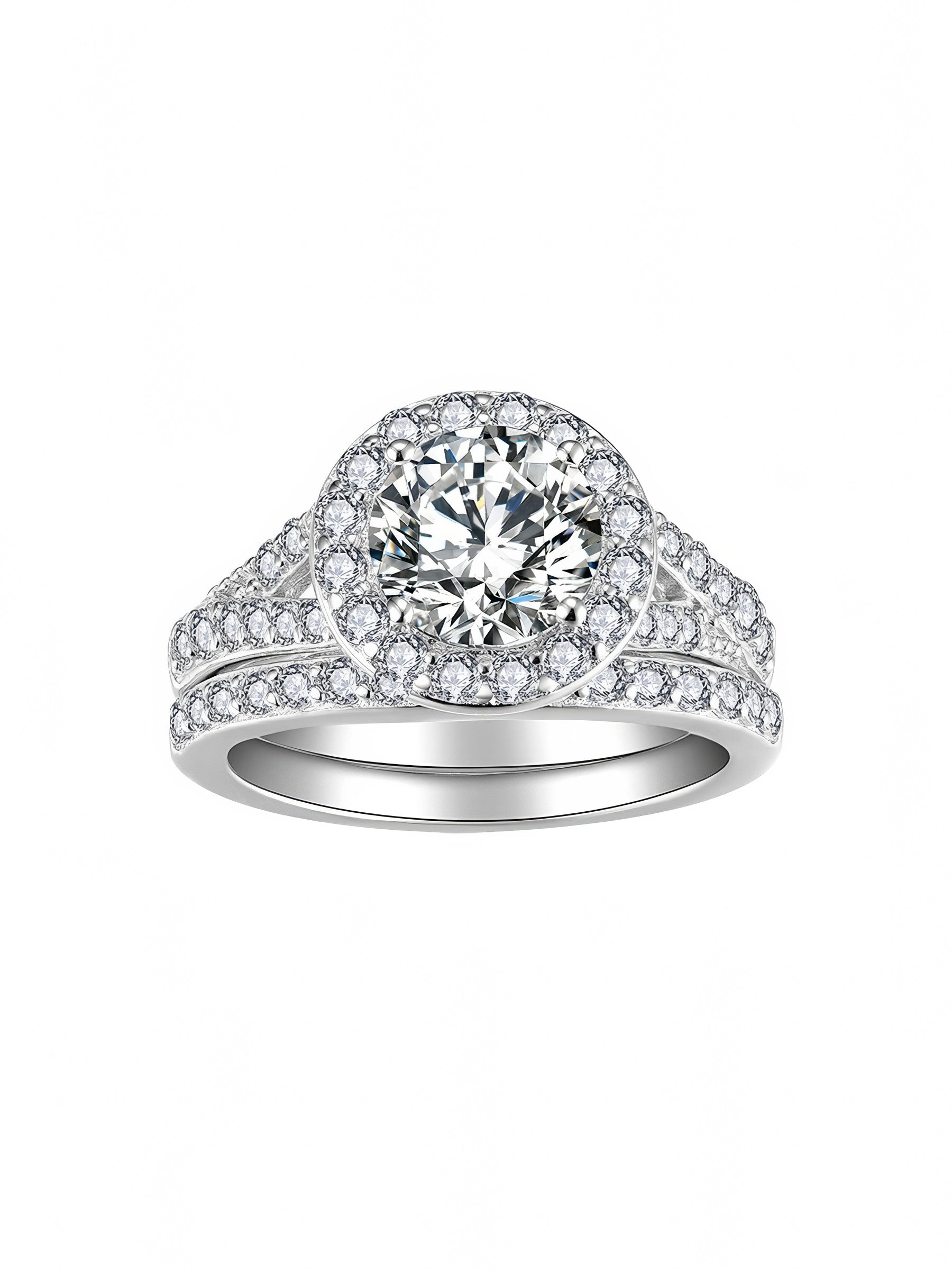 Sterling silver bridal ring set with round-cut moissanite center stone and halo, featuring a pavé split band and matching wedding band with moissanite stones