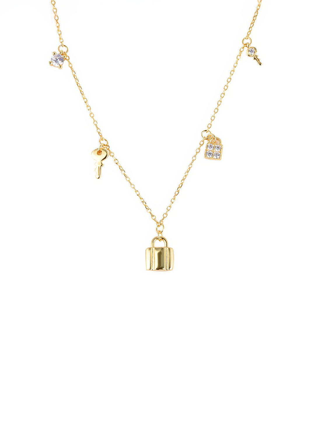 key and locker charms necklace with zirconia accents in gold plated