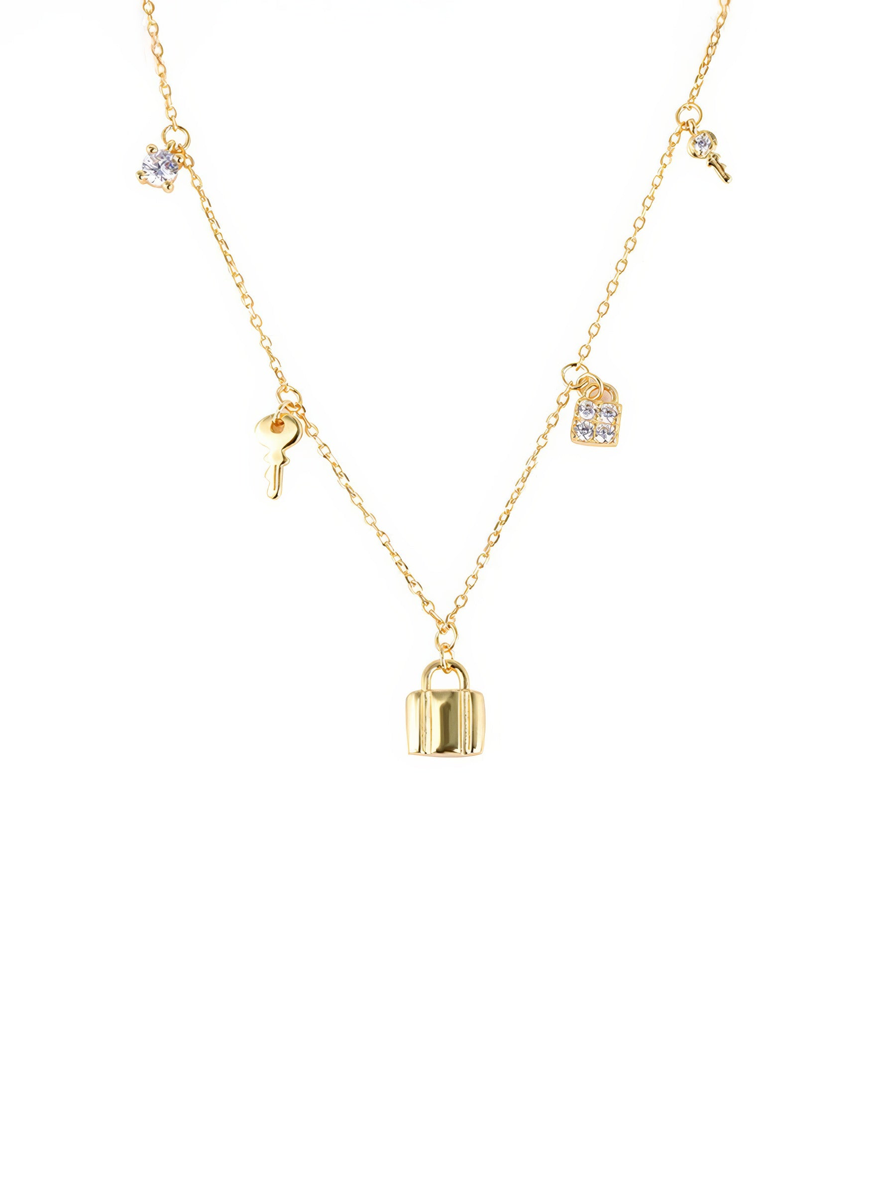 key and locker charms necklace with zirconia accents in gold plated