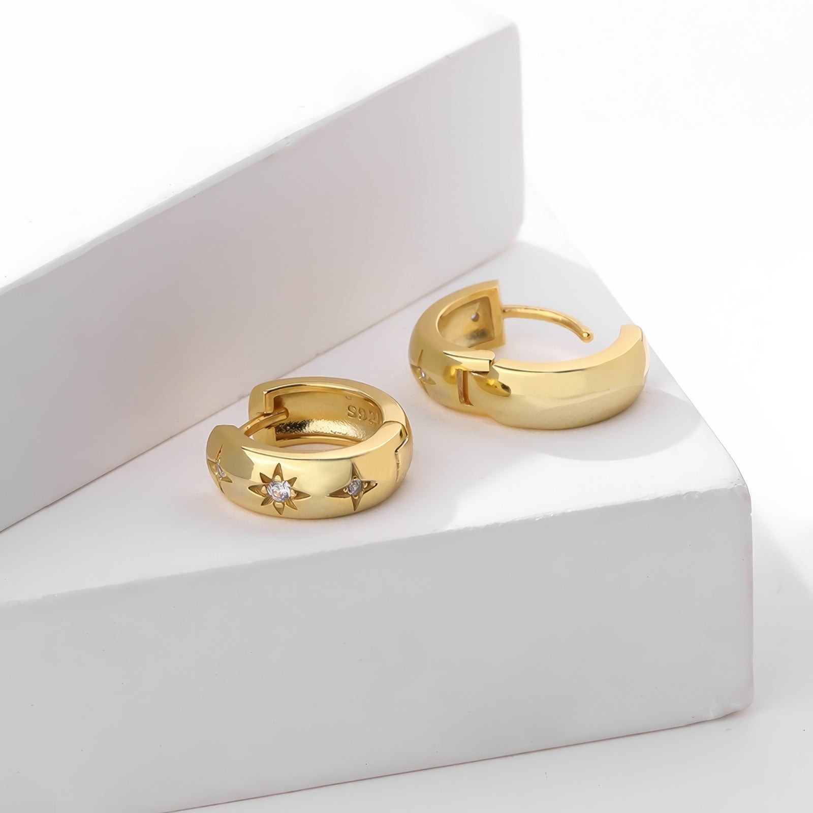 sterling silver engraved star with zirconia crystals gold plated hoop earrings