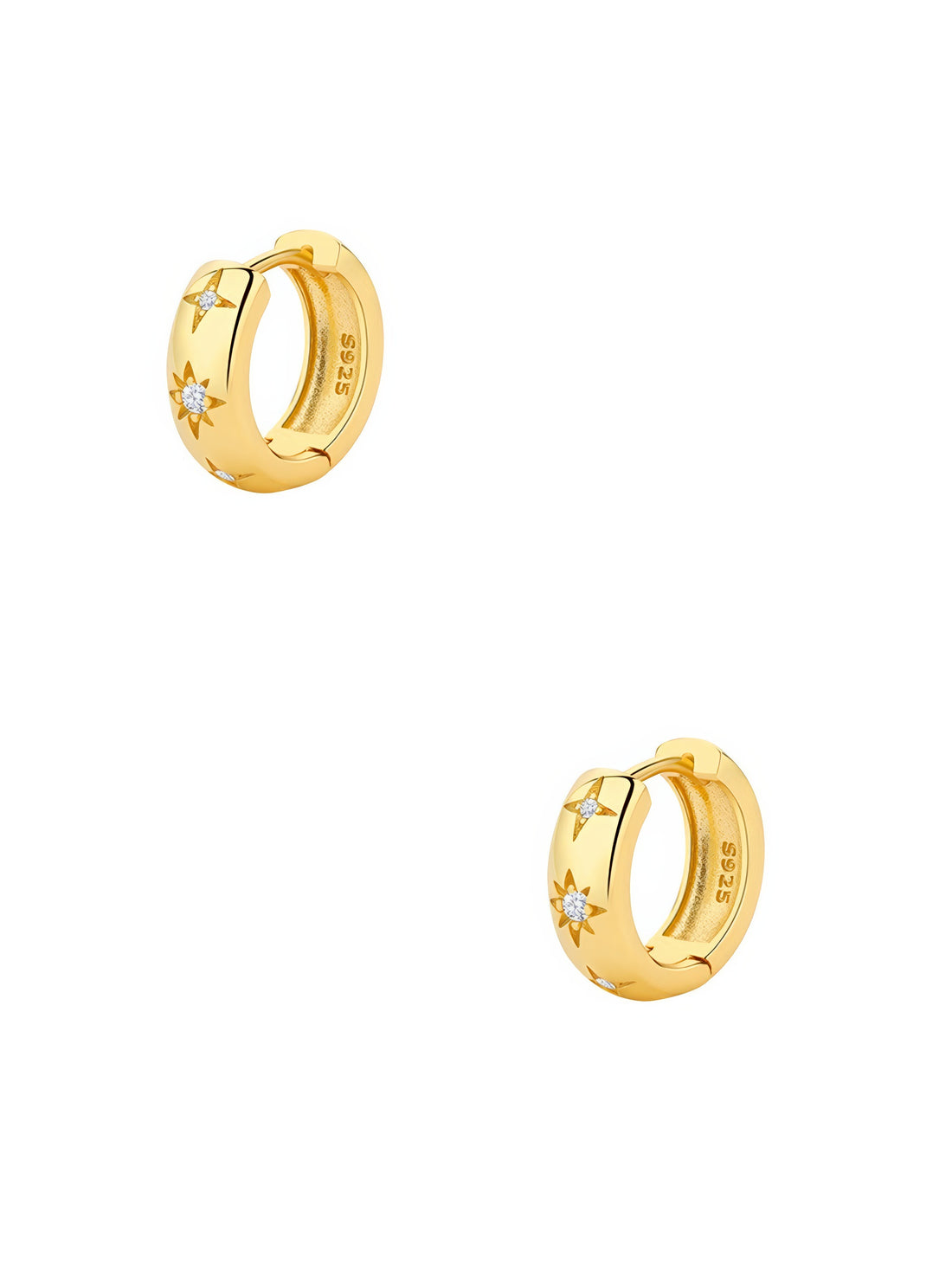 sterling silver engraved star with zirconia crystals gold plated hoop earrings