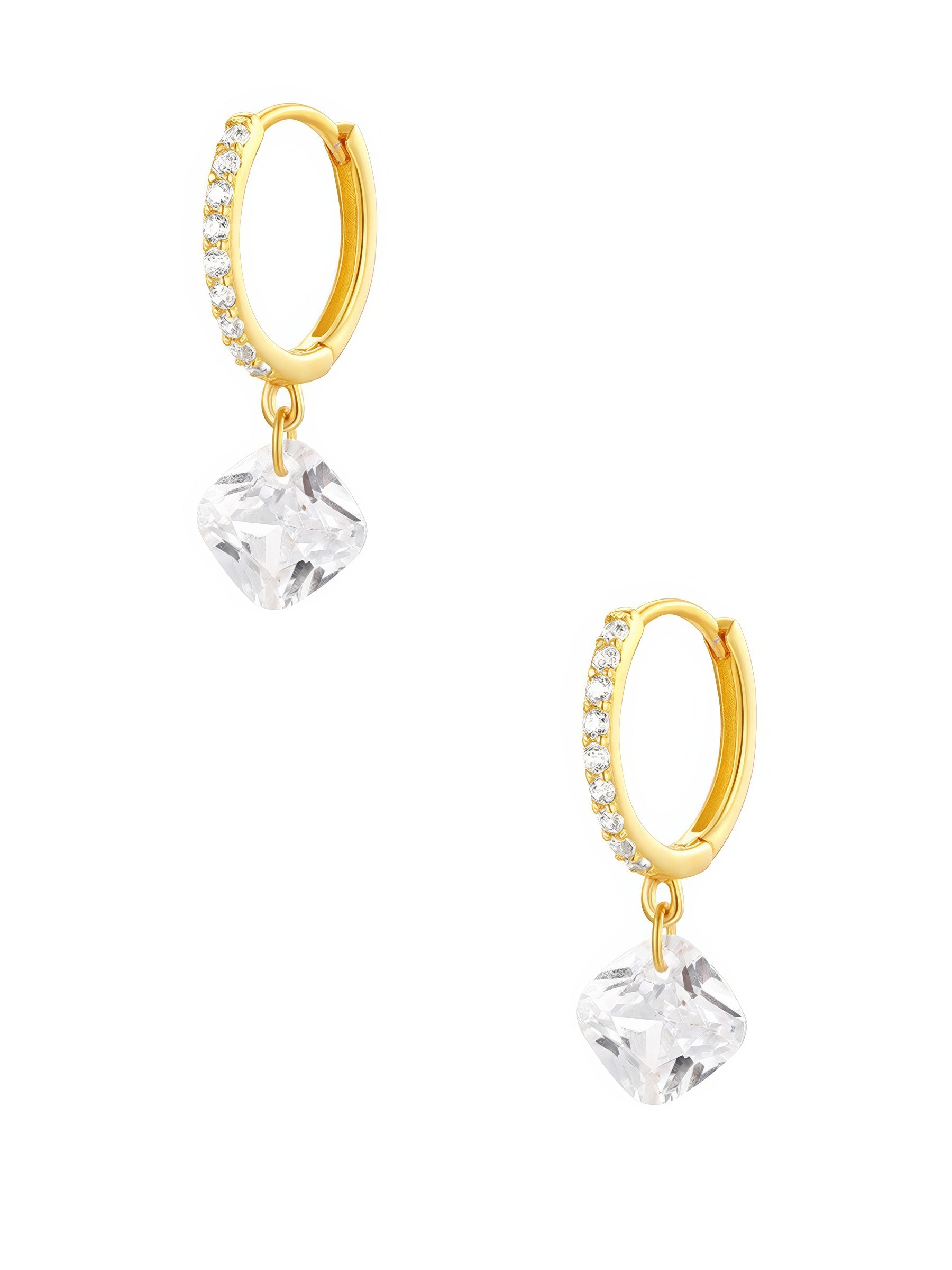 square cushion-cut crystal drop hoop 925 sterling silver earrings with 5A cubic zirconia accents in 18k gold plating
