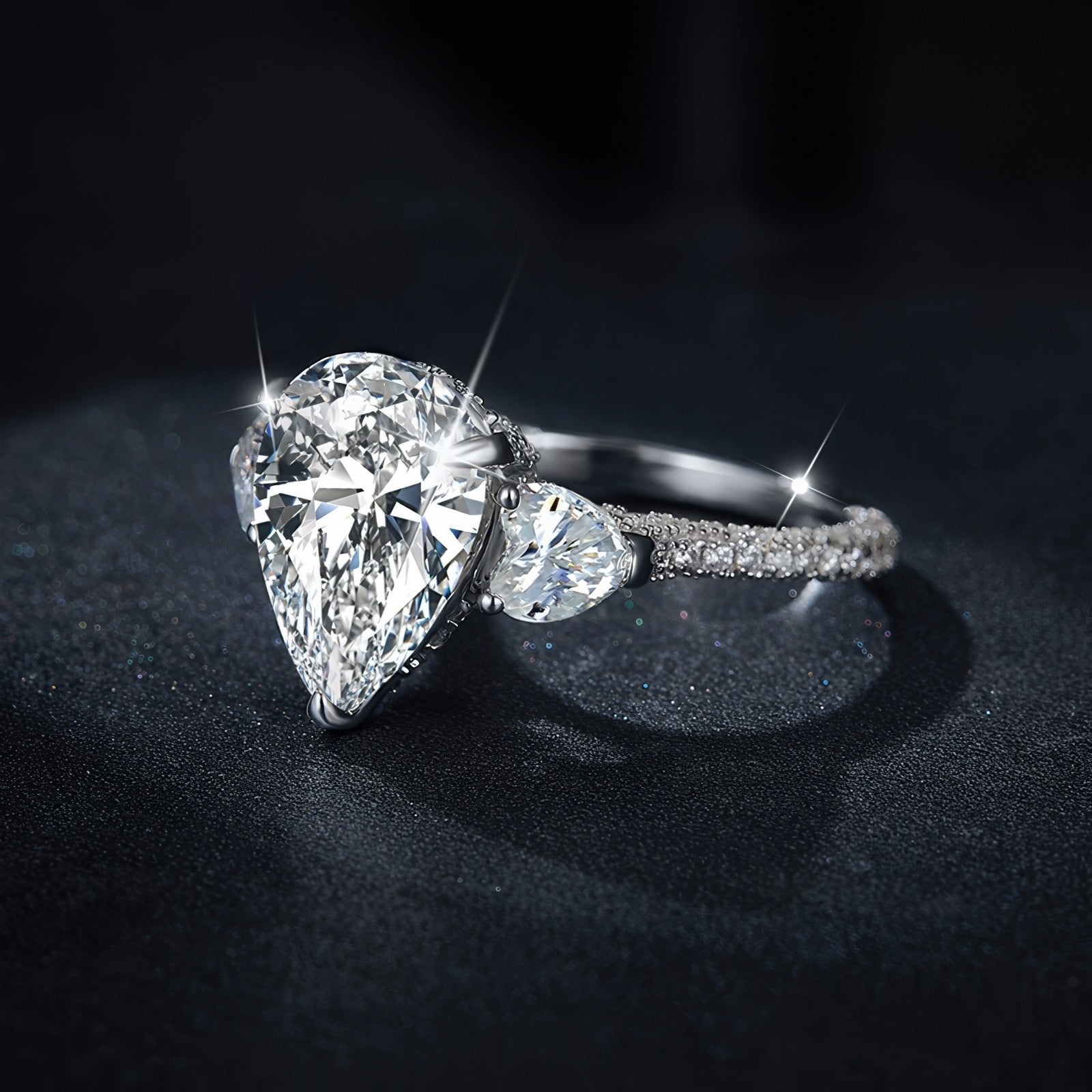 Sterling silver engagement ring with large pear-shaped moissanite center stone and heart-cut side stones, detailed with round moissanite on the band.