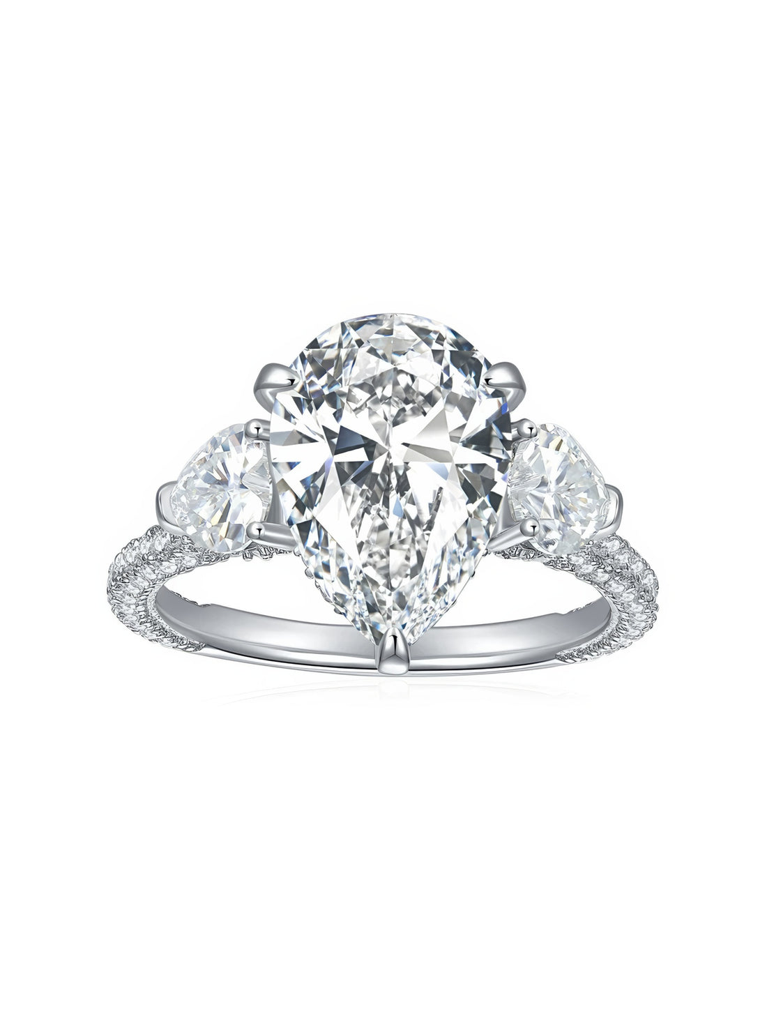 Sterling silver engagement ring with large pear-shaped moissanite center stone and heart-cut side stones, detailed with round moissanite on the band.