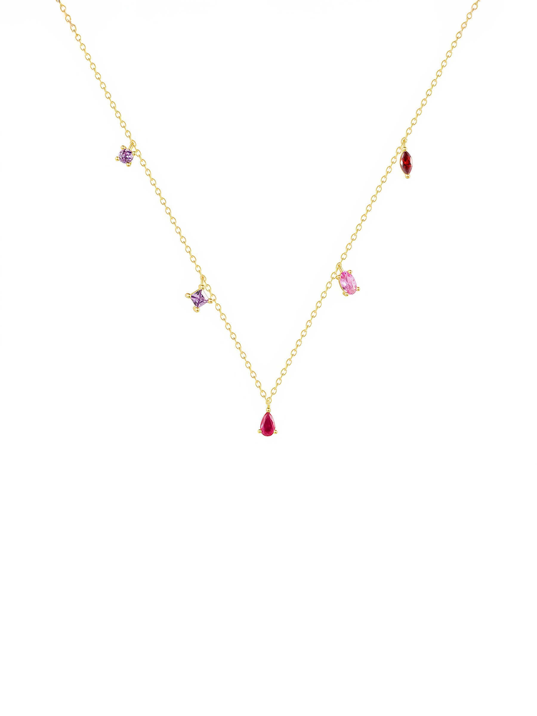 V-shape multicolor zirconia drop necklace in 925 sterling silver with 18K gold plating, adjustable chain, featuring red teardrop, pink baguette, marquise red, and purple square zirconia charms