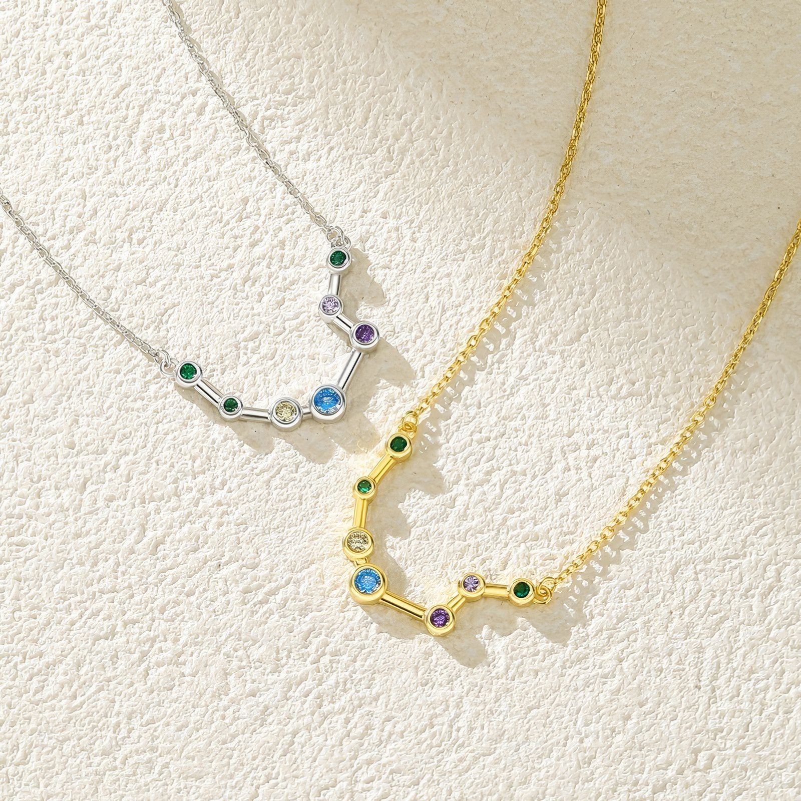 aquarius constellation shaped necklace pendant made of multicolor cubic zirconia stones and gold plated sterling silver metal