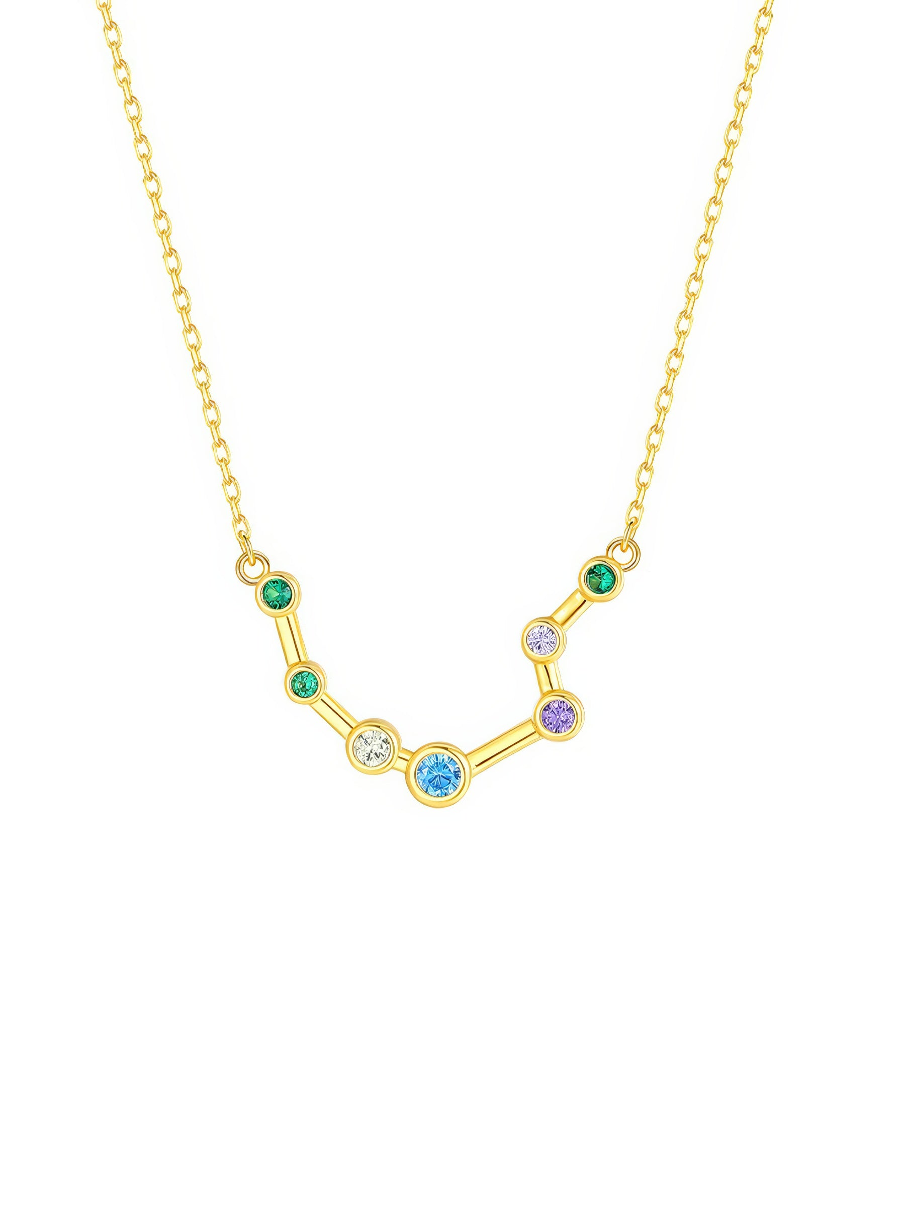 aquarius constellation shaped necklace pendant made of multicolor cubic zirconia stones and gold plated sterling silver metal