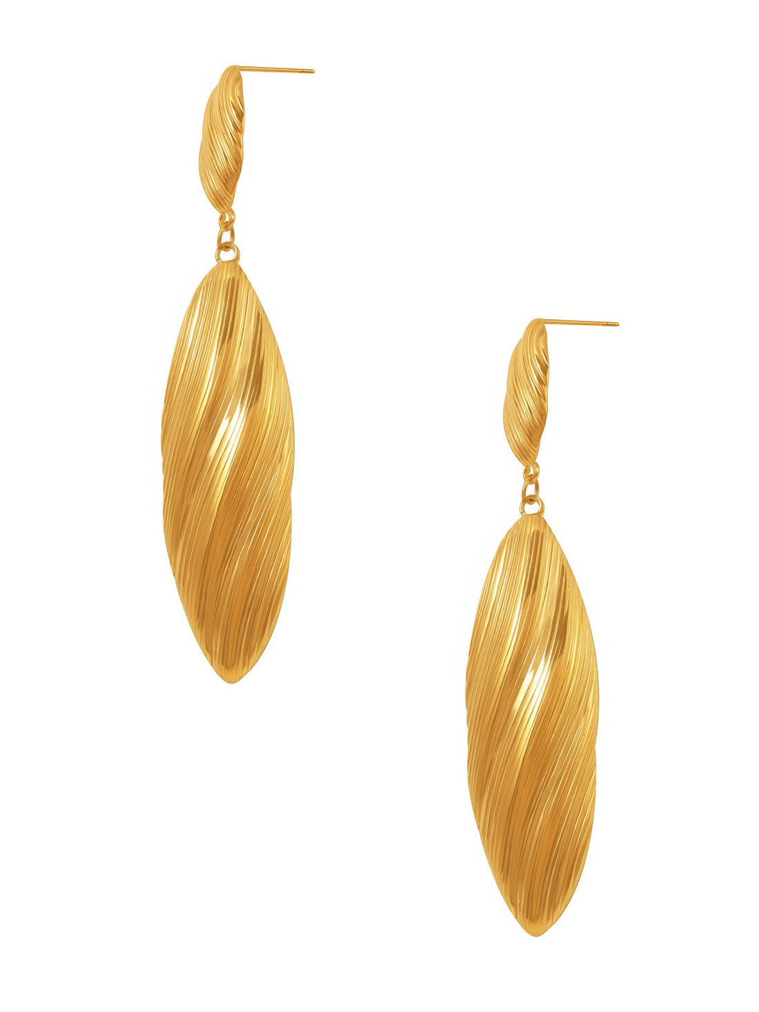 brushed texture long feather shaped gold plated dangle earrings