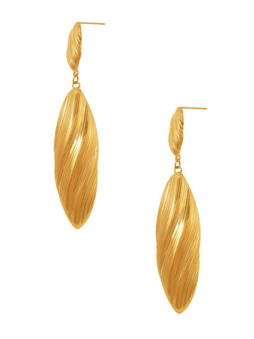 brushed texture long feather shaped gold plated dangle earrings