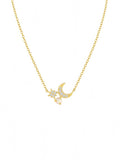 crescent moon and star adorned with zirconia crystals and white opal pendant chain sterling silver necklace 