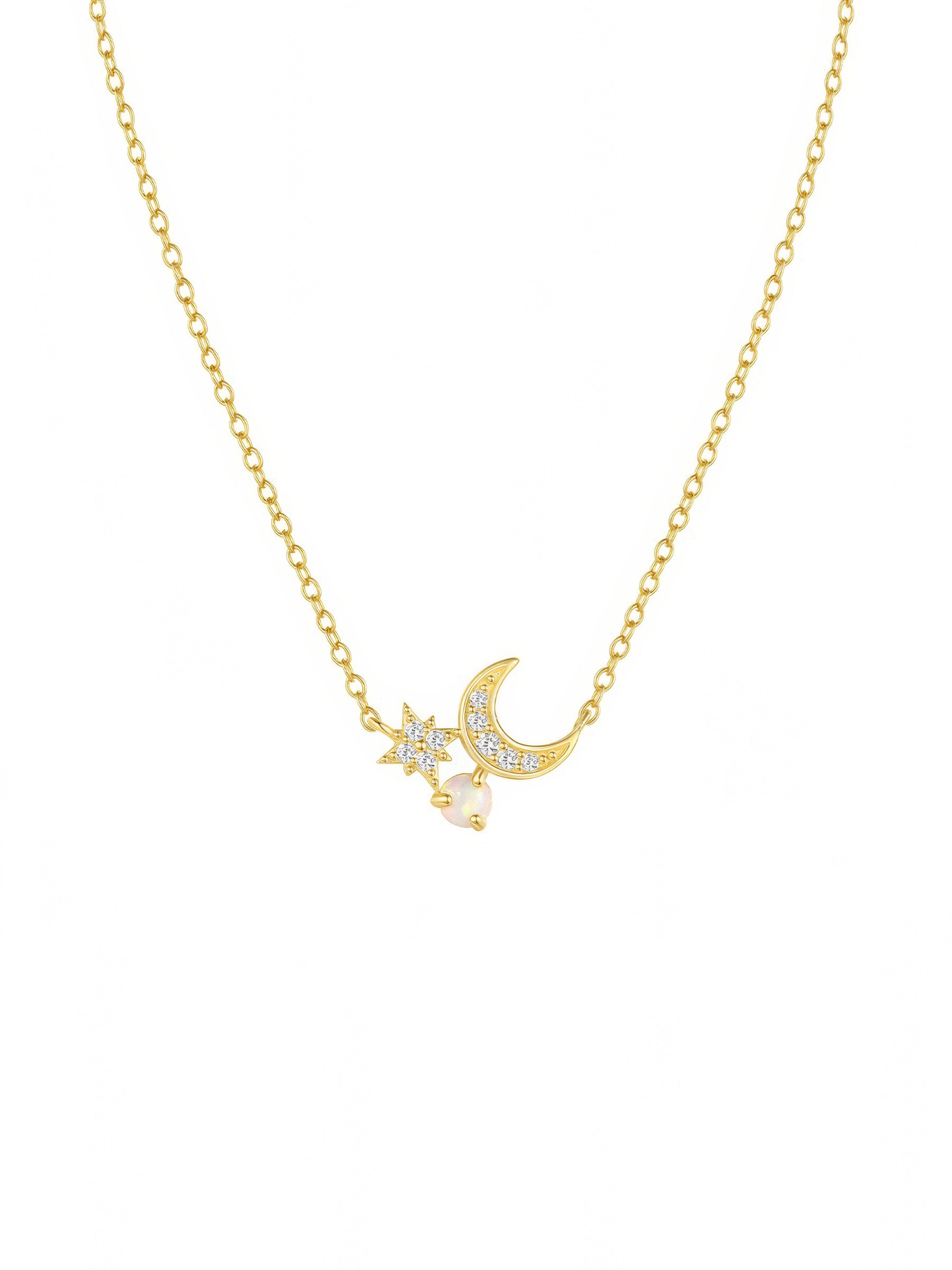 crescent moon and star adorned with zirconia crystals and white opal pendant chain sterling silver necklace 