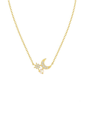 crescent moon and star adorned with zirconia crystals and white opal pendant chain sterling silver necklace 