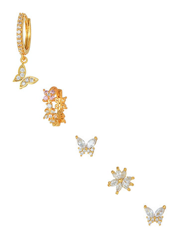 crystal butterfly and floral motifs mini earrings set in gold plated sterling silver