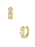 Small hoop earrings with three heart-shaped spokets, each set with sparkling cubic zirconia stone, in 925 sterling silver with gold plating