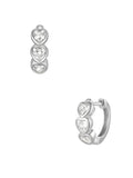 Small hoop earrings with three heart-shaped spokets, each set with sparkling cubic zirconia stone, in 925 sterling silver with gold plating