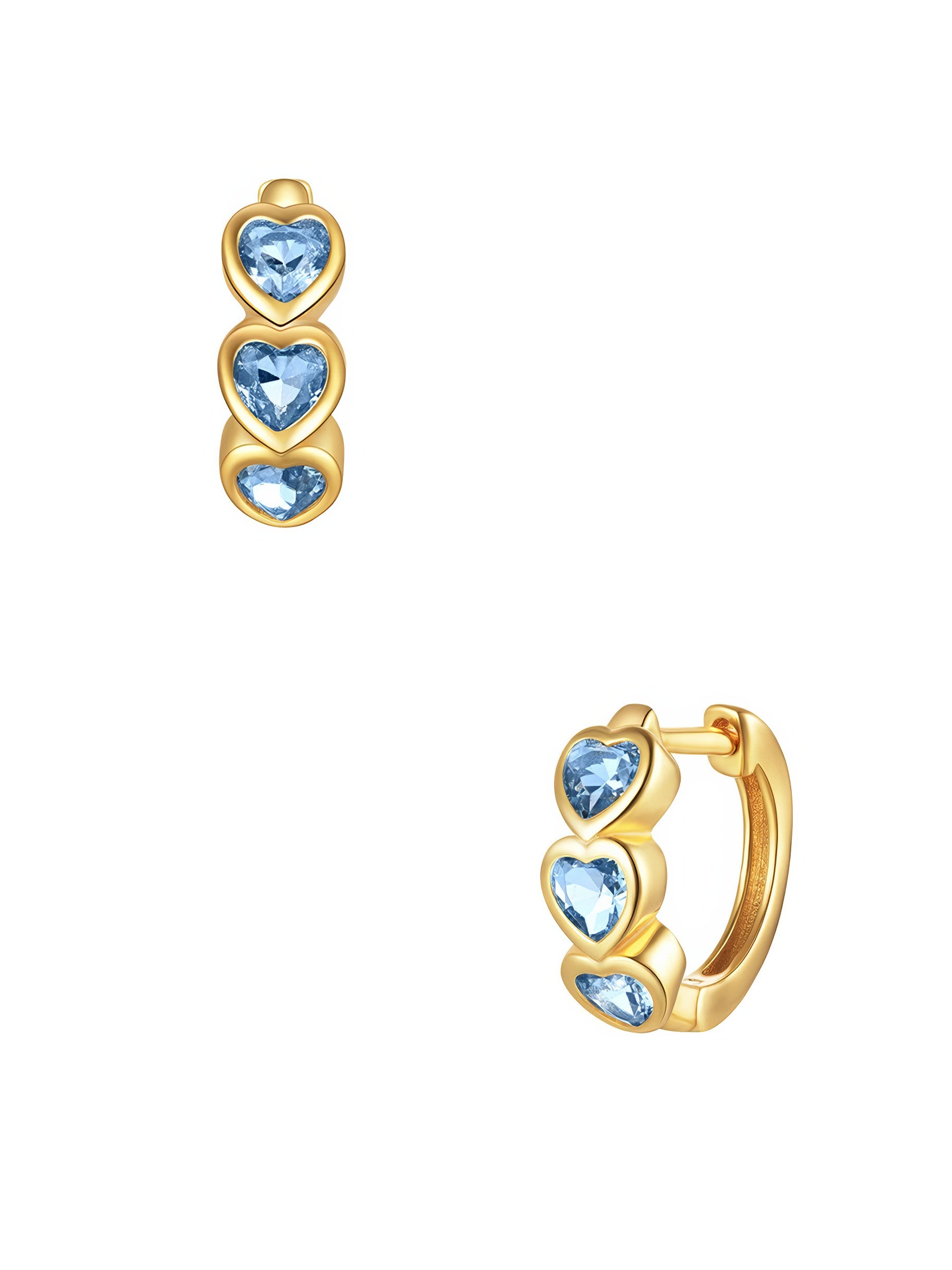 Small hoop earrings with three heart-shaped spokets, each set with sparkling cubic zirconia stone, in 925 sterling silver with gold plating