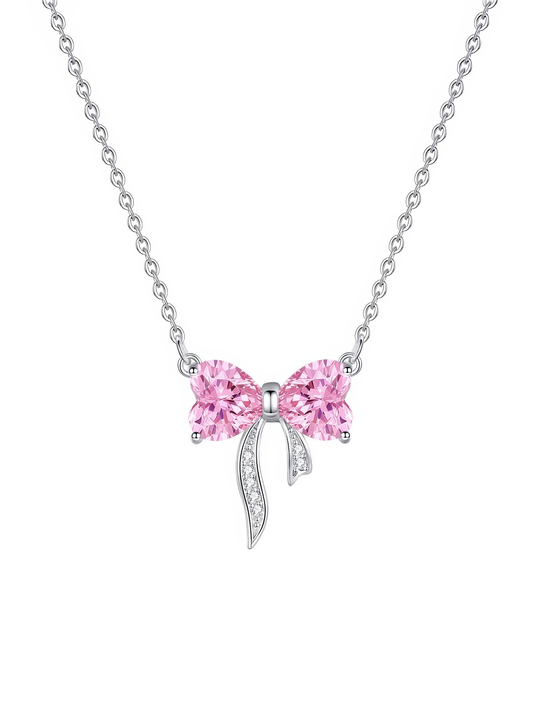 silver rhodium plated dainty bow shaped zirconia stone pendant necklace tinypleasure jewelry