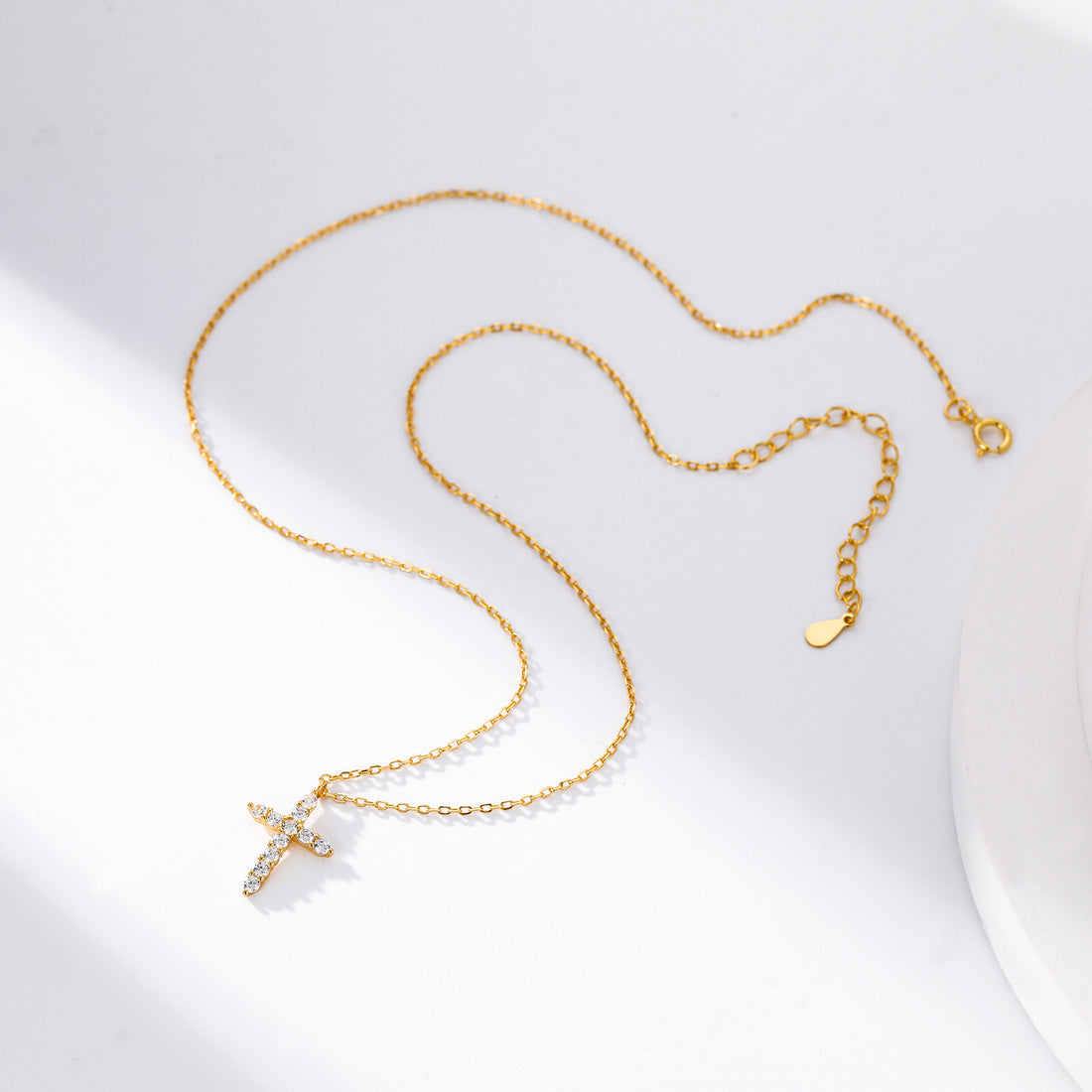 Gold plated sterling silver cross pendant necklace with clear zircon stones on fine chain, minimal design jewelry piece
