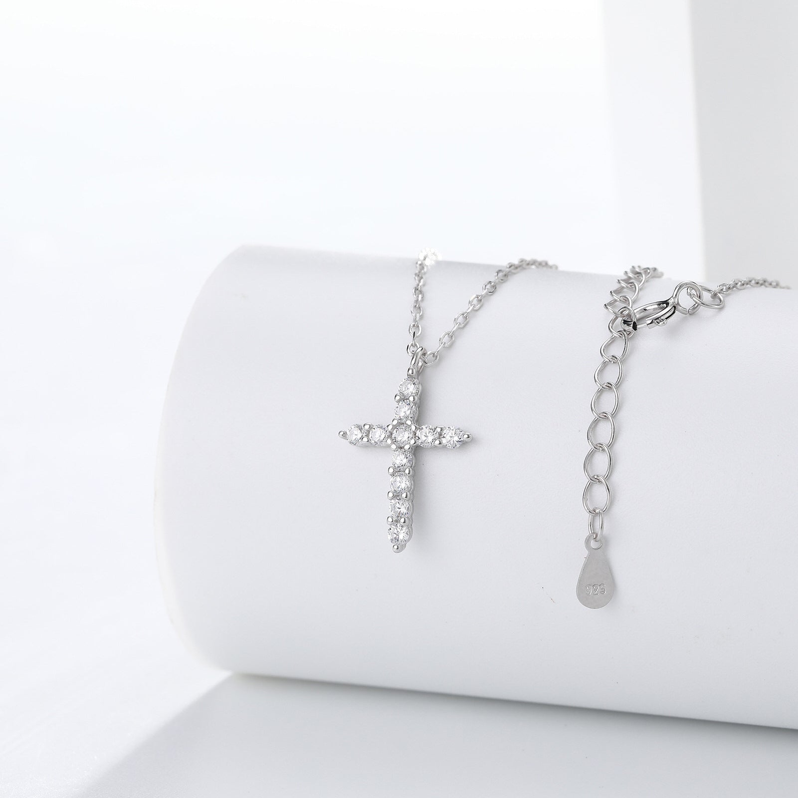 Gold plated sterling silver cross pendant necklace with clear zircon stones on fine chain, minimal design jewelry cross piece