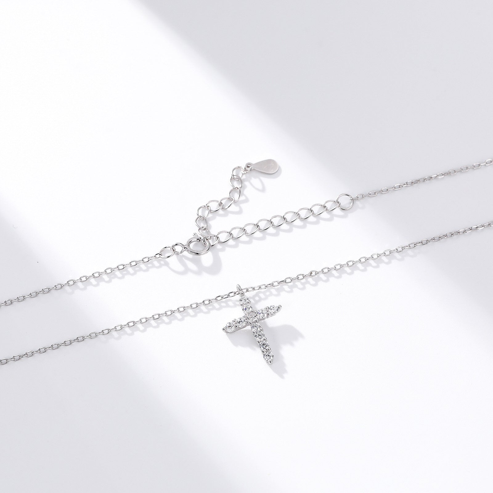 Gold plated sterling silver cross pendant necklace with clear zircon stones on fine chain, minimal design jewelry cross piece