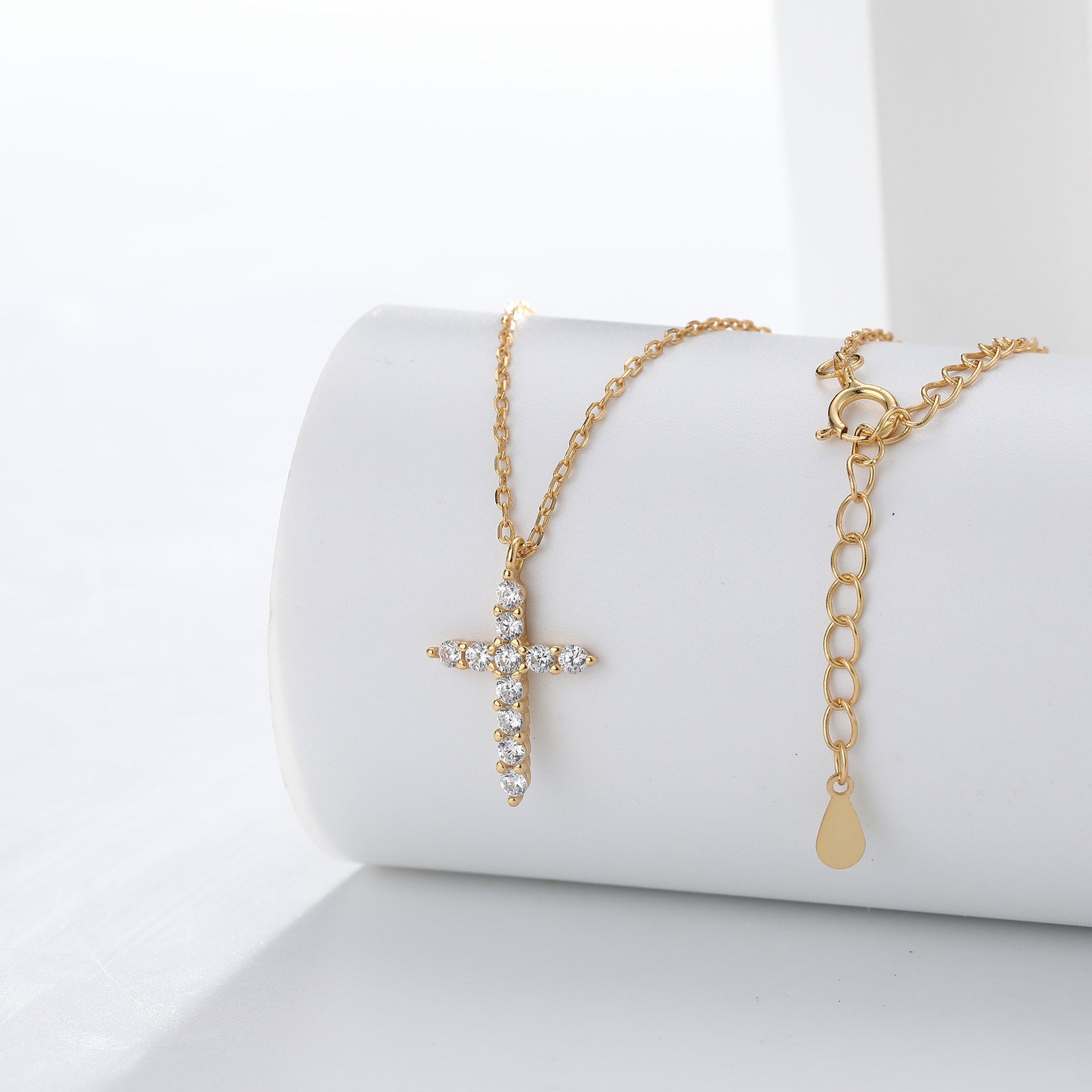 Gold plated sterling silver cross pendant necklace with clear zircon stones on fine chain, minimal design jewelry cross piece