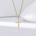 Gold plated sterling silver cross pendant necklace with clear zircon stones on fine chain, minimal design jewelry cross piece