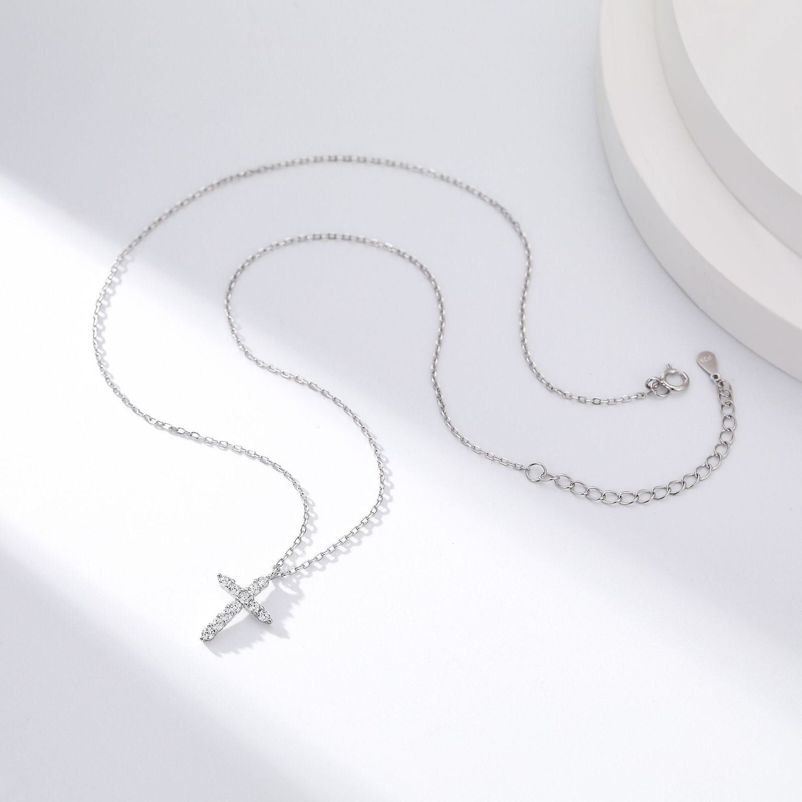 Gold plated sterling silver cross pendant necklace with clear zircon stones on fine chain, minimal design jewelry cross piece