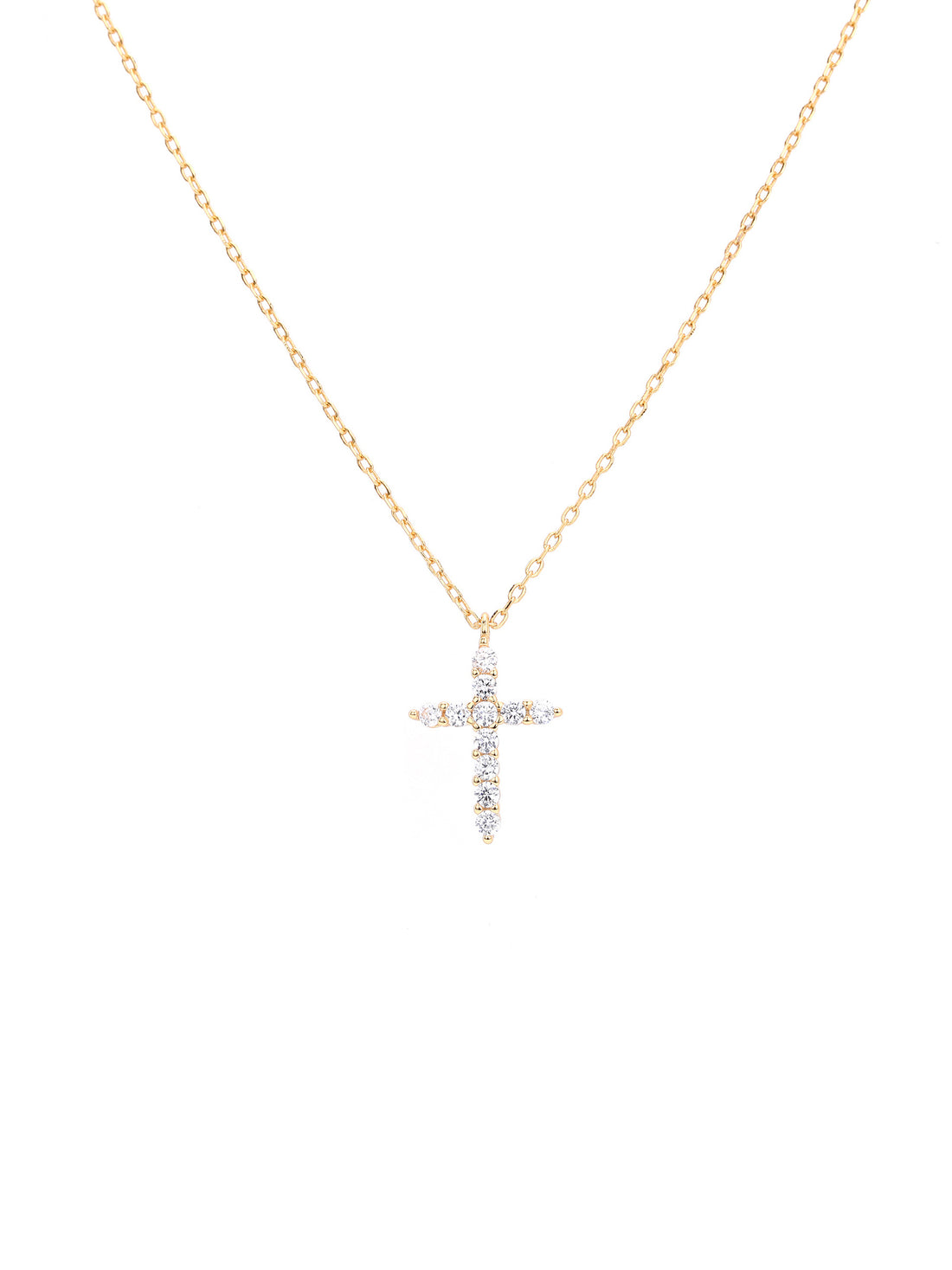 Gold plated sterling silver cross pendant necklace with clear zircon stones on fine chain, minimal design jewelry piece