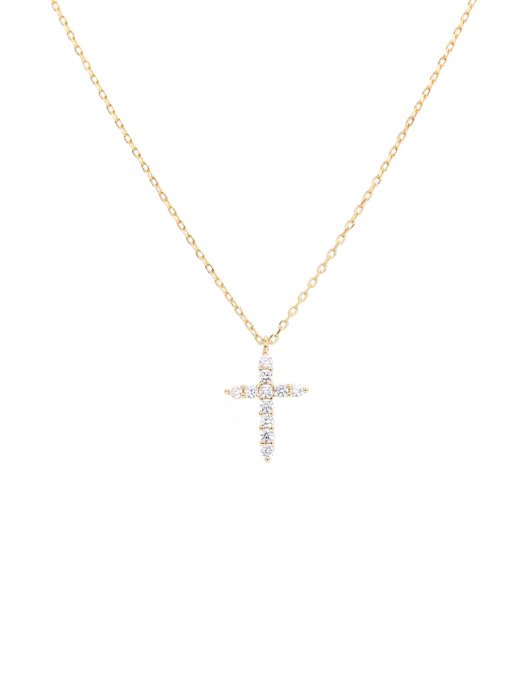 Gold plated sterling silver cross pendant necklace with clear zircon stones on fine chain, minimal design jewelry piece