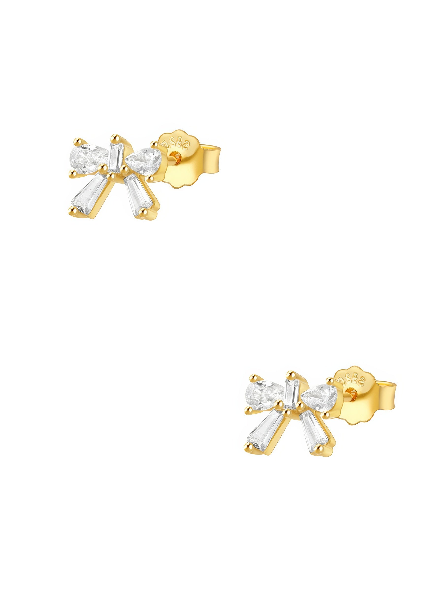 dainty bow shaped stud earrings in gold plated sterling silver made with zirconia crystals