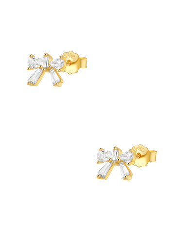 dainty bow shaped stud earrings in gold plated sterling silver made with zirconia crystals