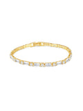 Gold tennis bracelet with alternating baguette and round zircon stones, 18K gold plated on copper, 3.5mm wide and 17cm long.